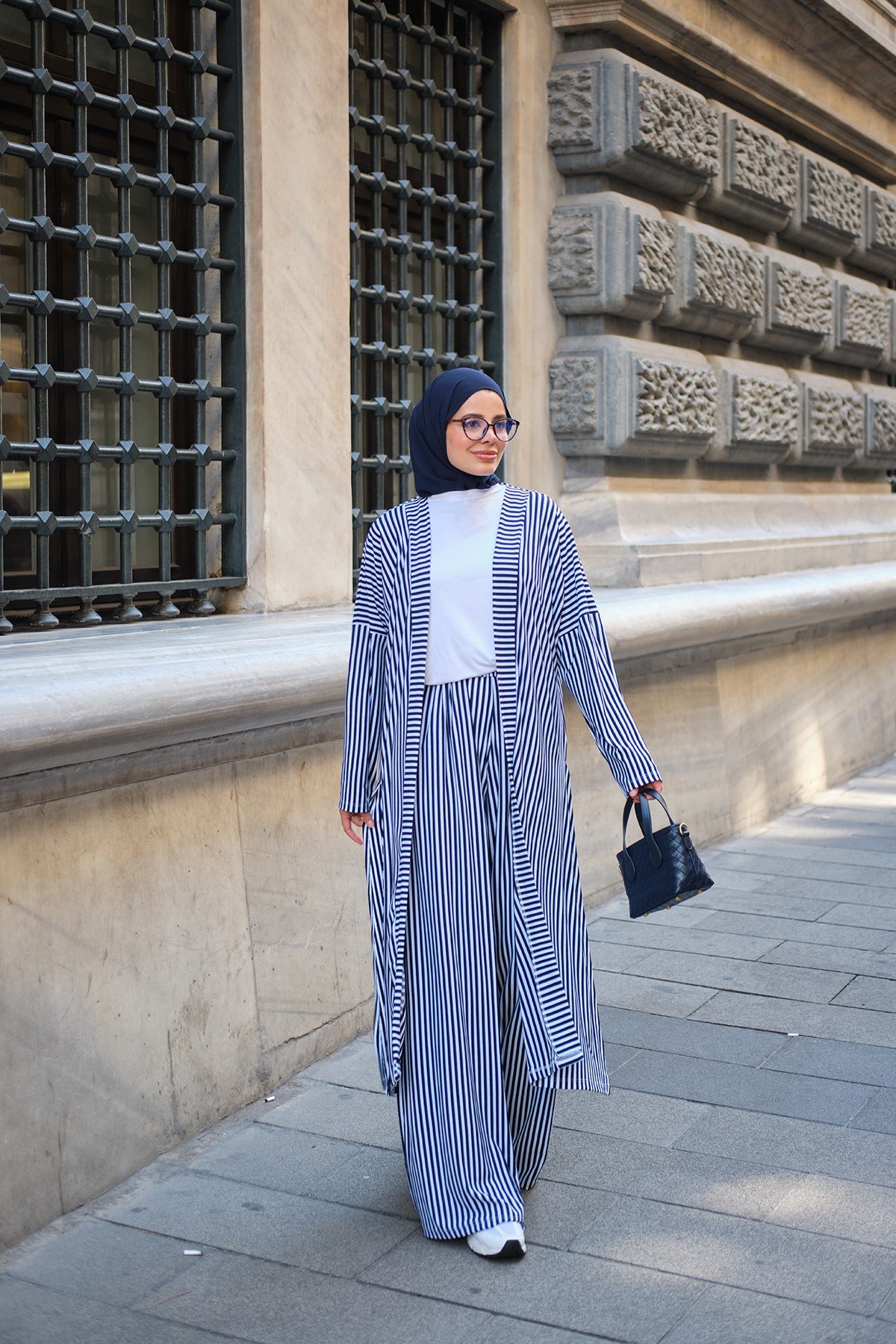 Üç Parça Çizgili Kimono Takım Lacivert