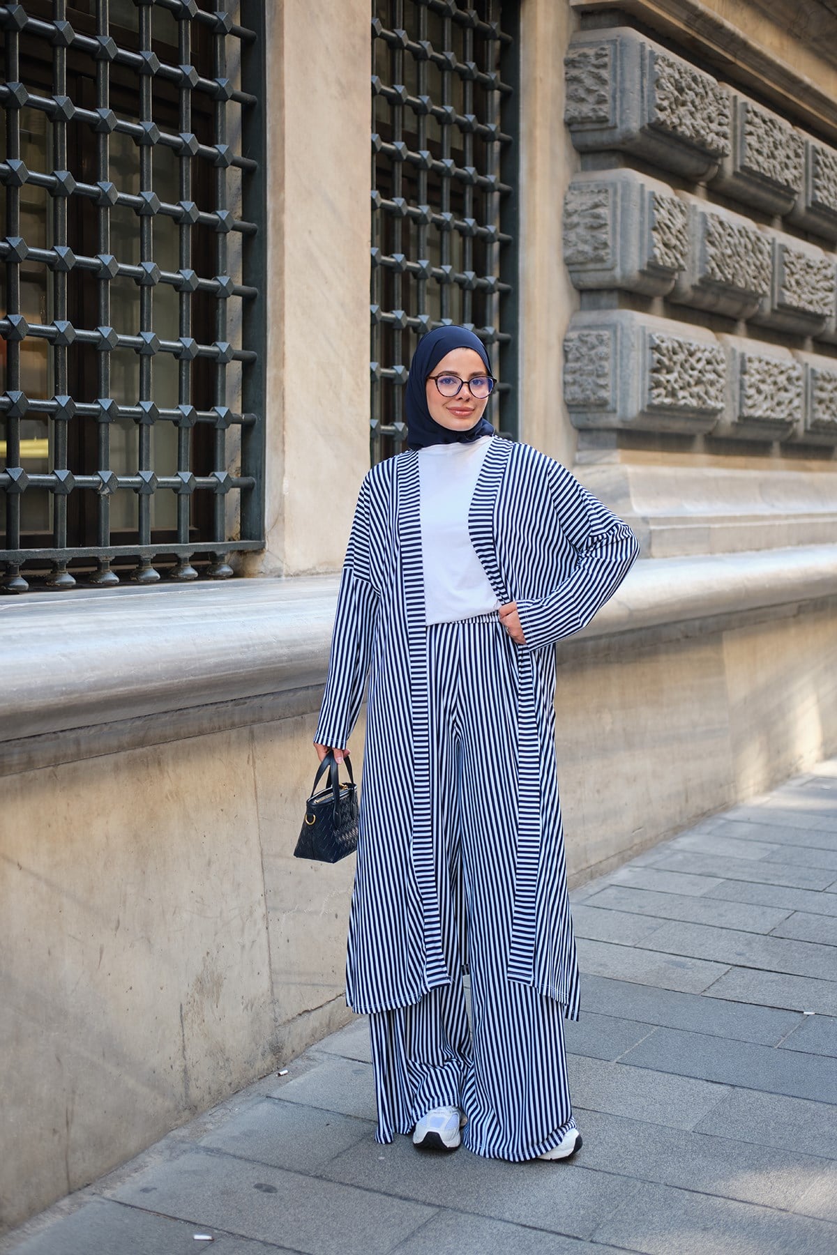 Üç Parça Çizgili Kimono Takım Lacivert