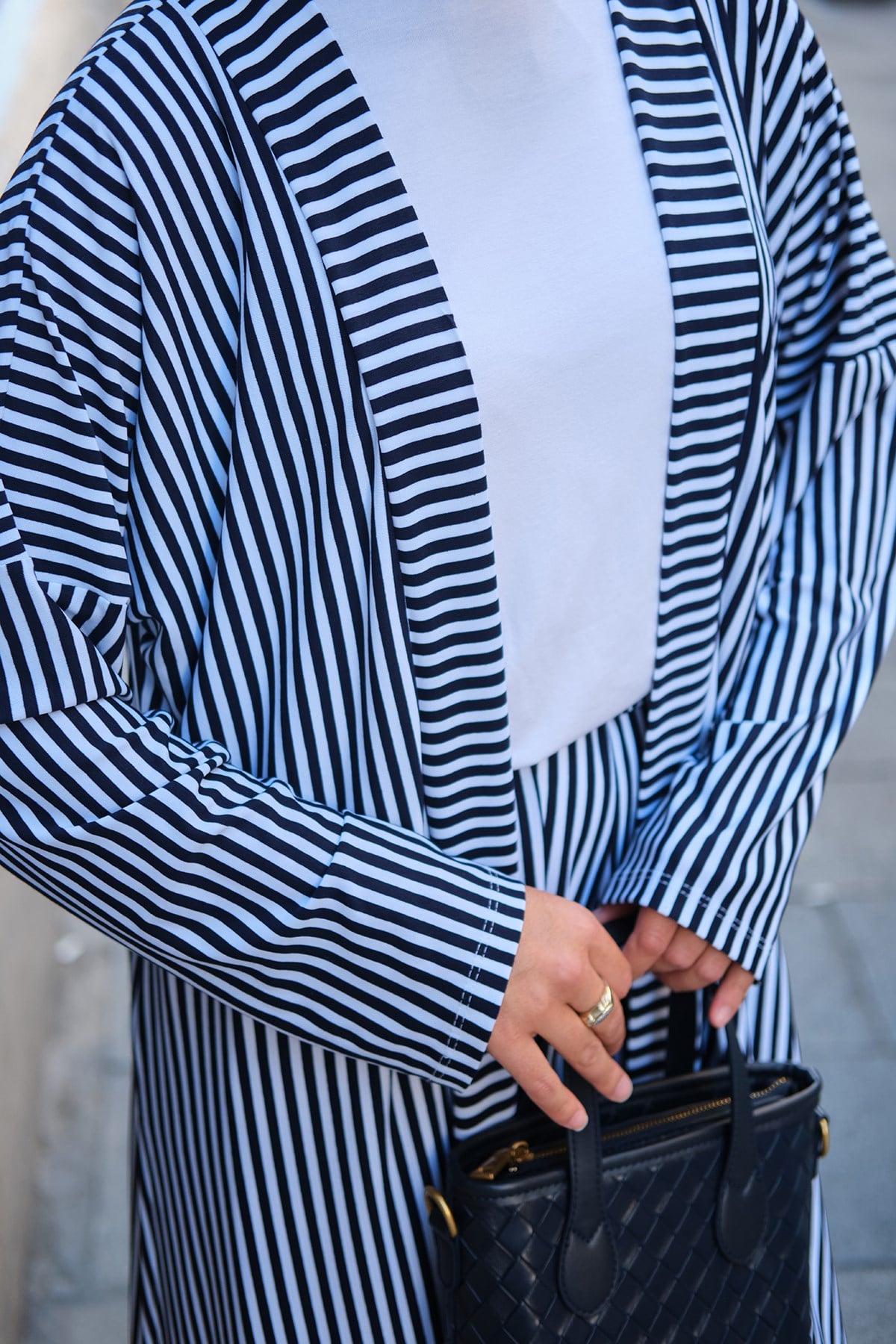 Üç Parça Çizgili Kimono Takım Lacivert