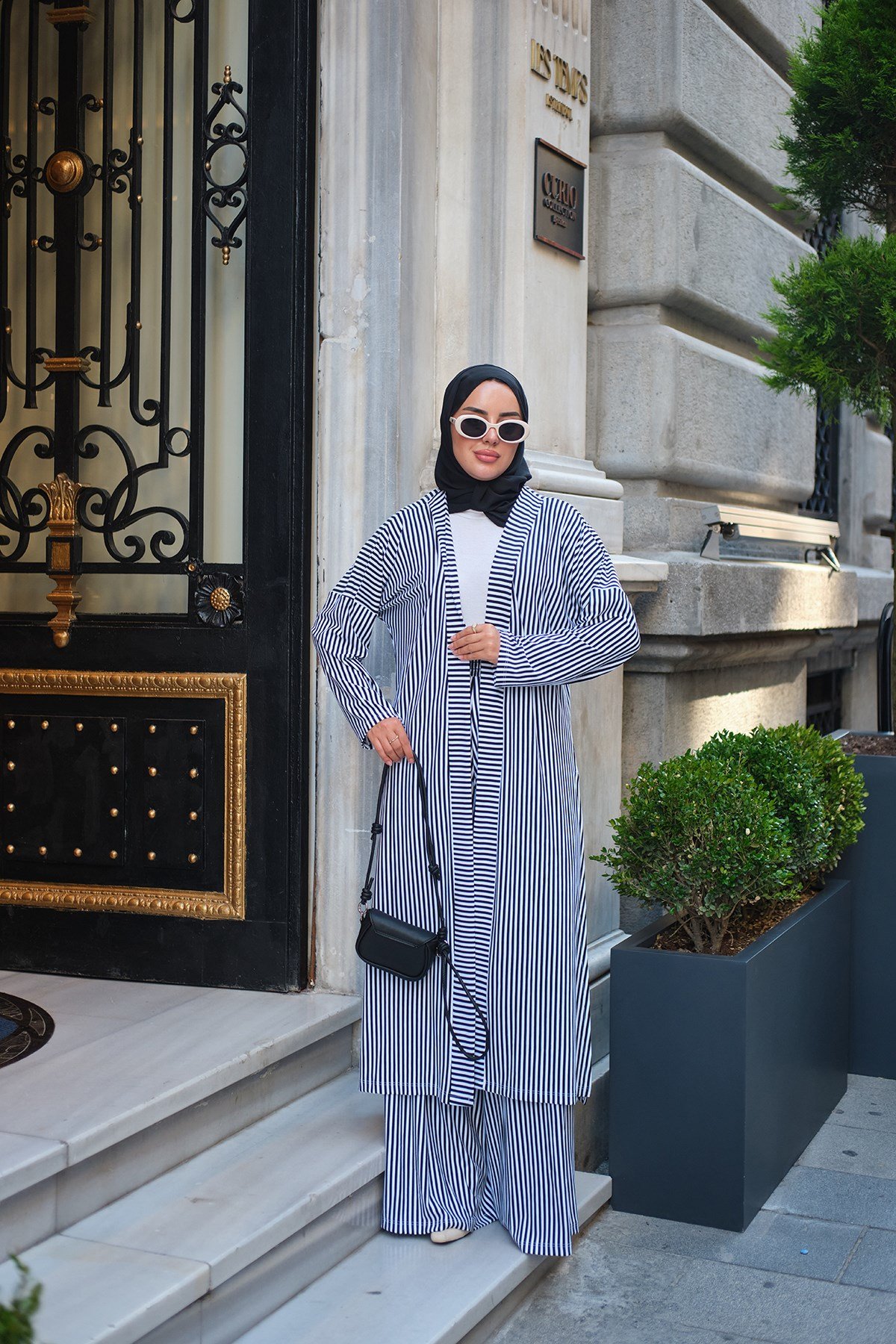 Üç Parça Çizgili Kimono Takım Siyah