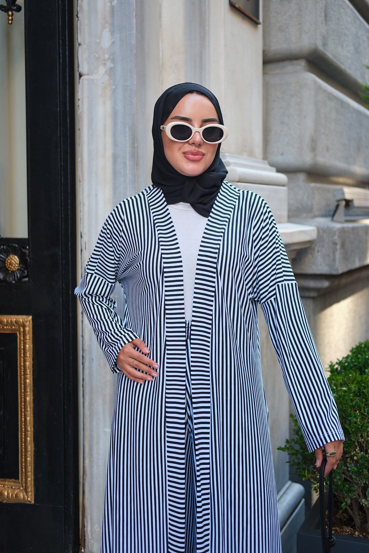 Üç Parça Çizgili Kimono Takım Siyah