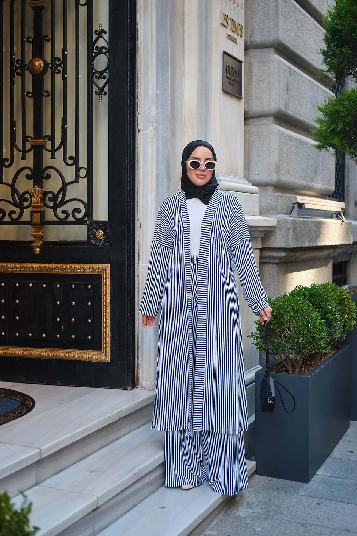 Üç Parça Çizgili Kimono Takım Siyah