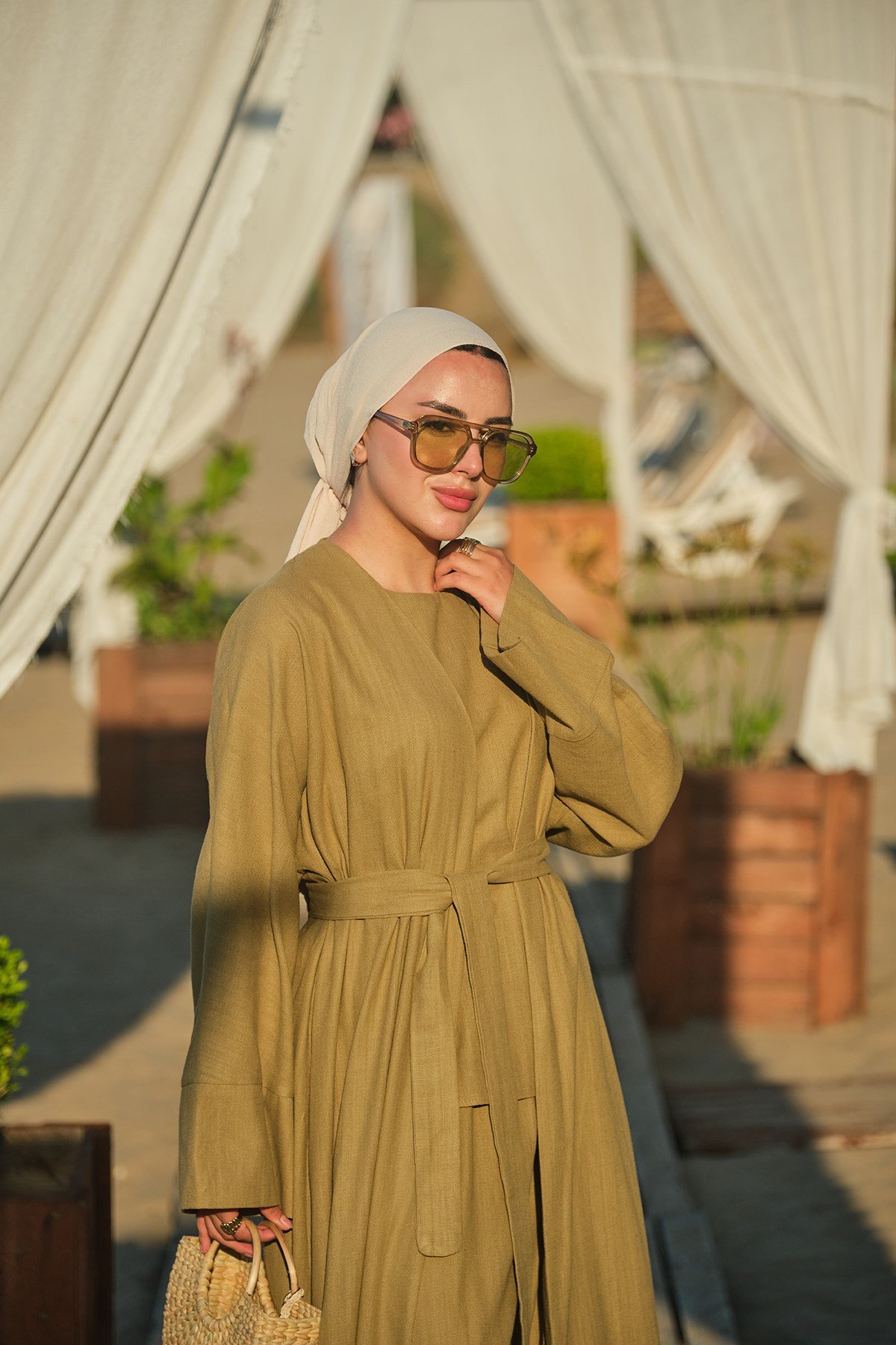Üç Parça Detay Bel Bağlamalı Keten Kimono Takım Yağ Yeşil