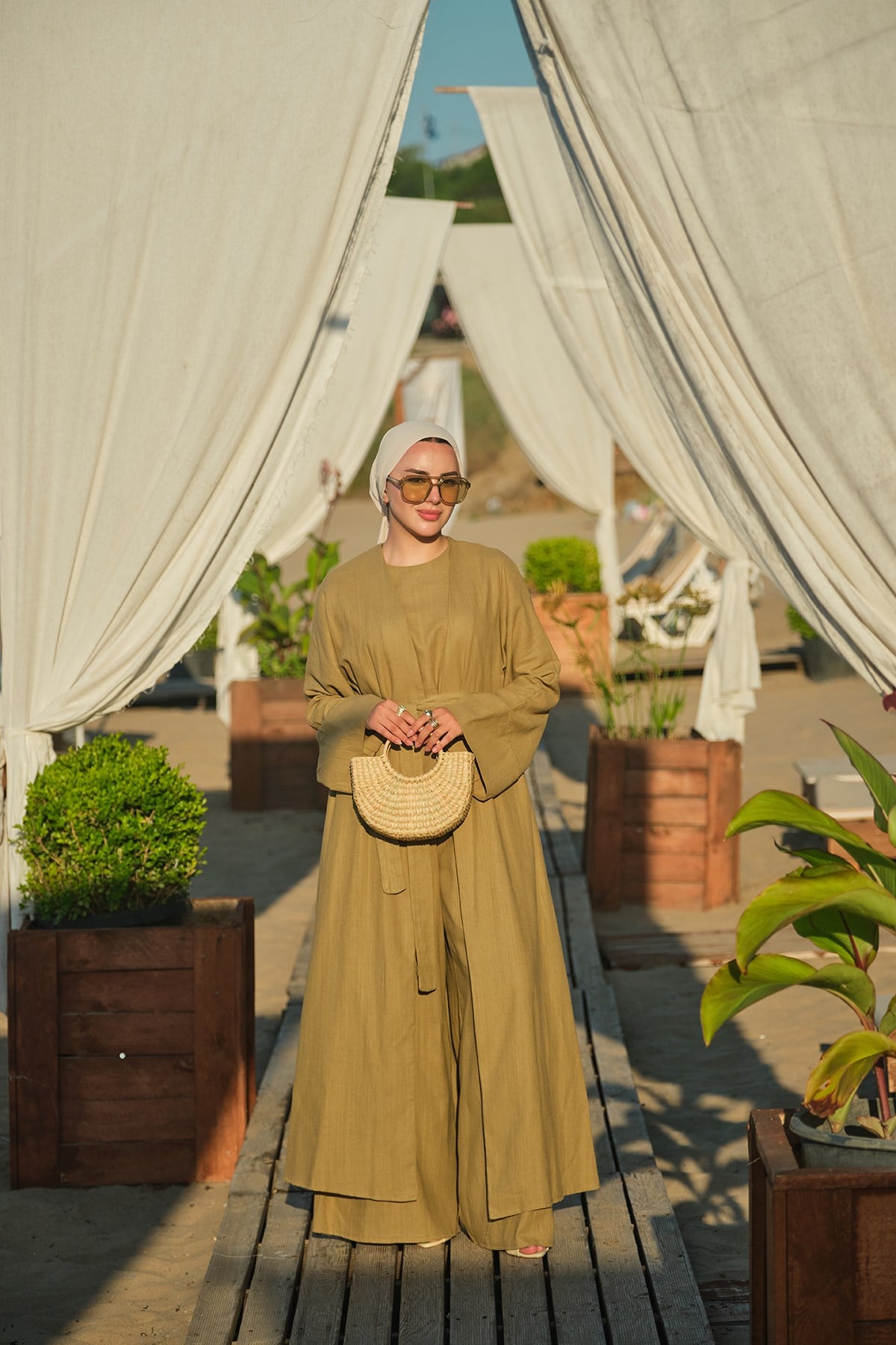 Üç Parça Detay Bel Bağlamalı Keten Kimono Takım Yağ Yeşil