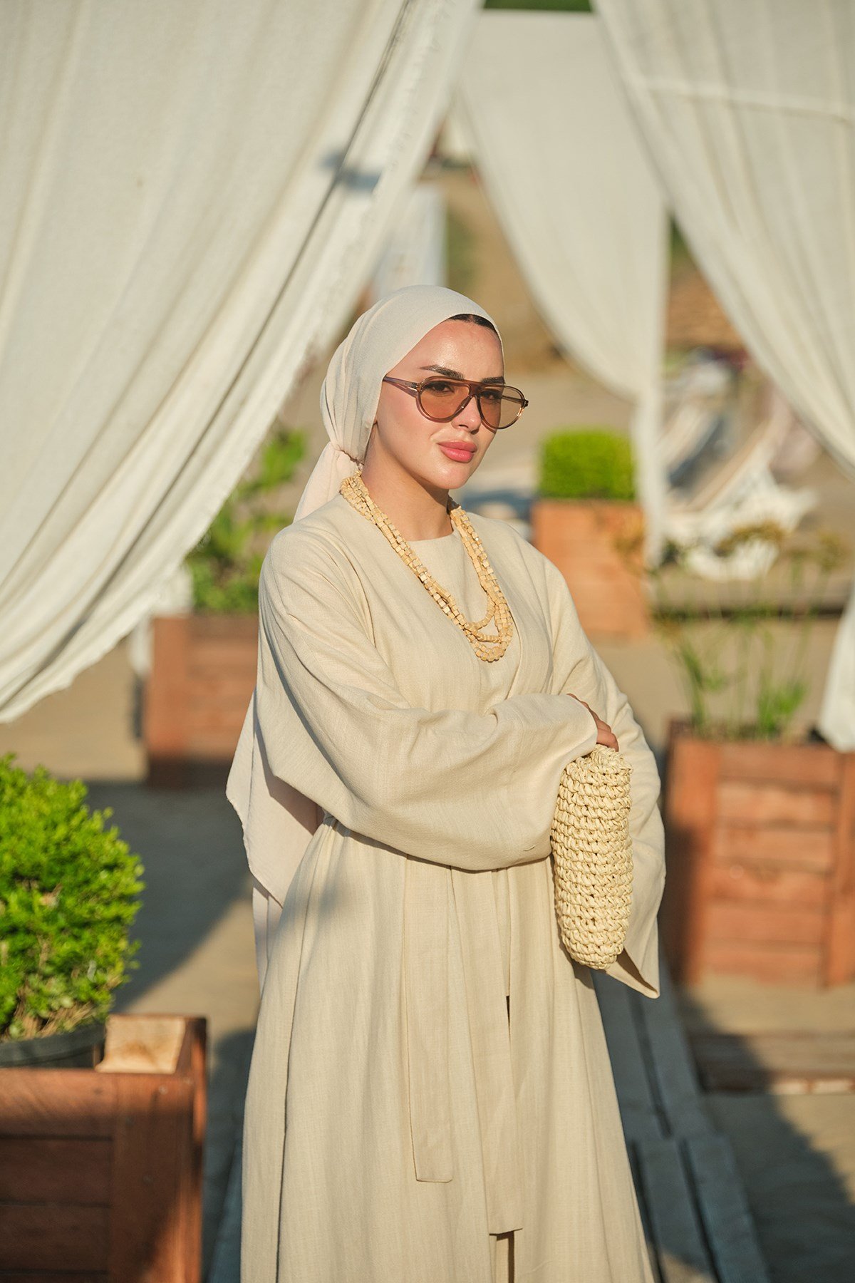 Üç Parça Detay Bel Bağlamalı Keten Kimono Takım Krem