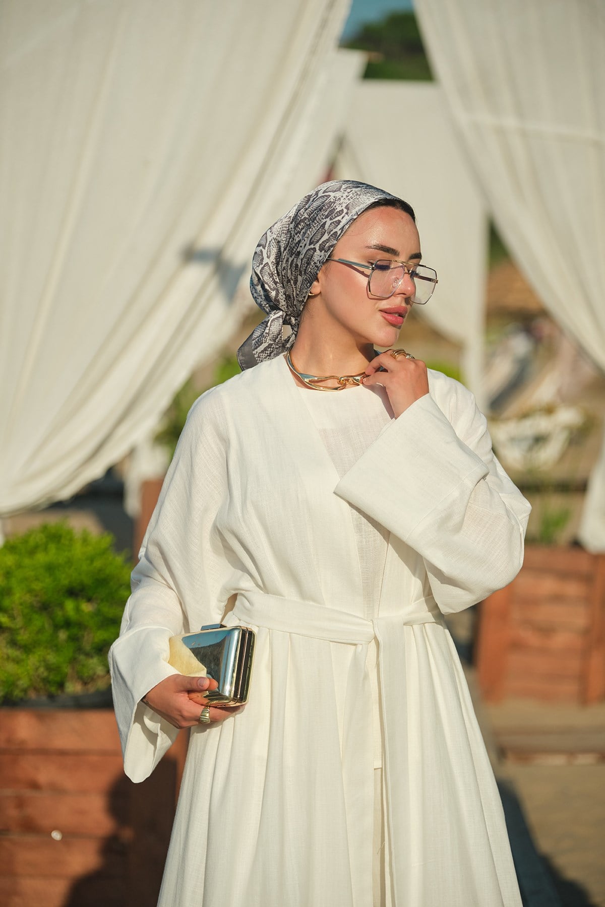 Üç Parça Detay Bel Bağlamalı Keten Kimono Takım Beyaz