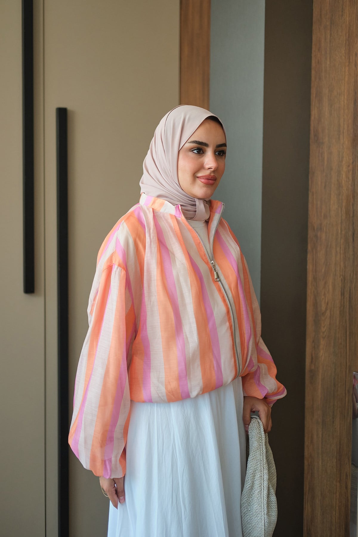 Üç Renk Kalın Çizgili Önü Fermuarlı İç Astarlı Tül Ceket Turuncu