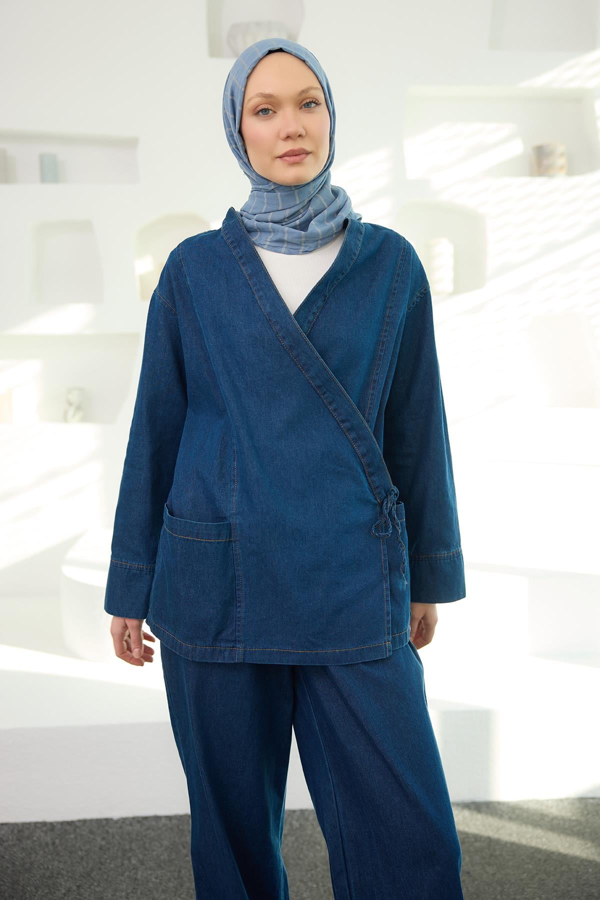 V Yaka Kimono Takım Koyu Mavi