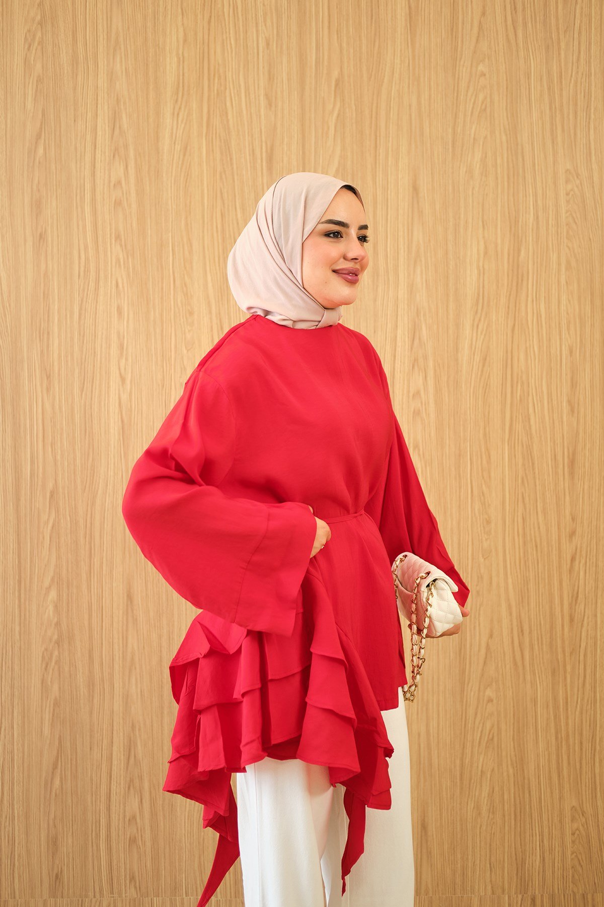 Volan Detay Bağcıklı Tunik Kırmızı