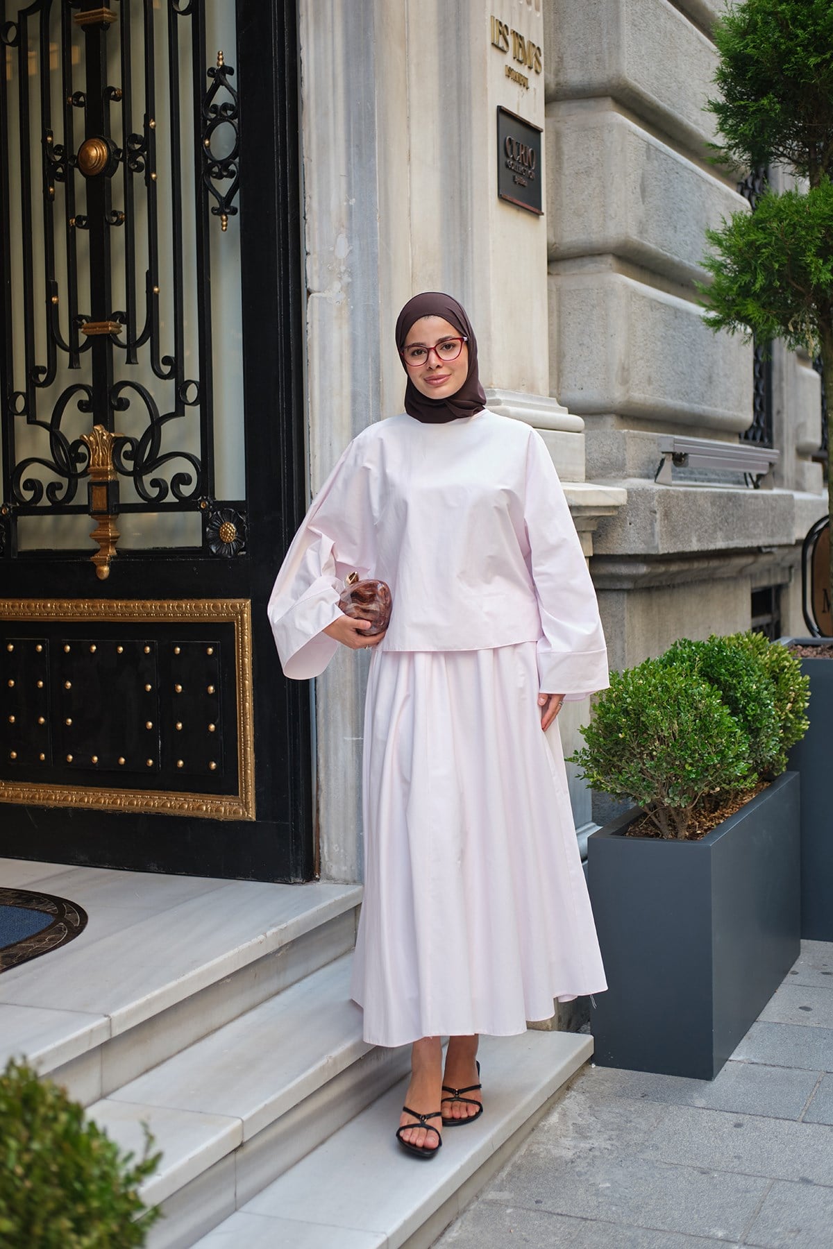 Yaka Bağcık Detay Beli Lastikli İkili Takım Pembe