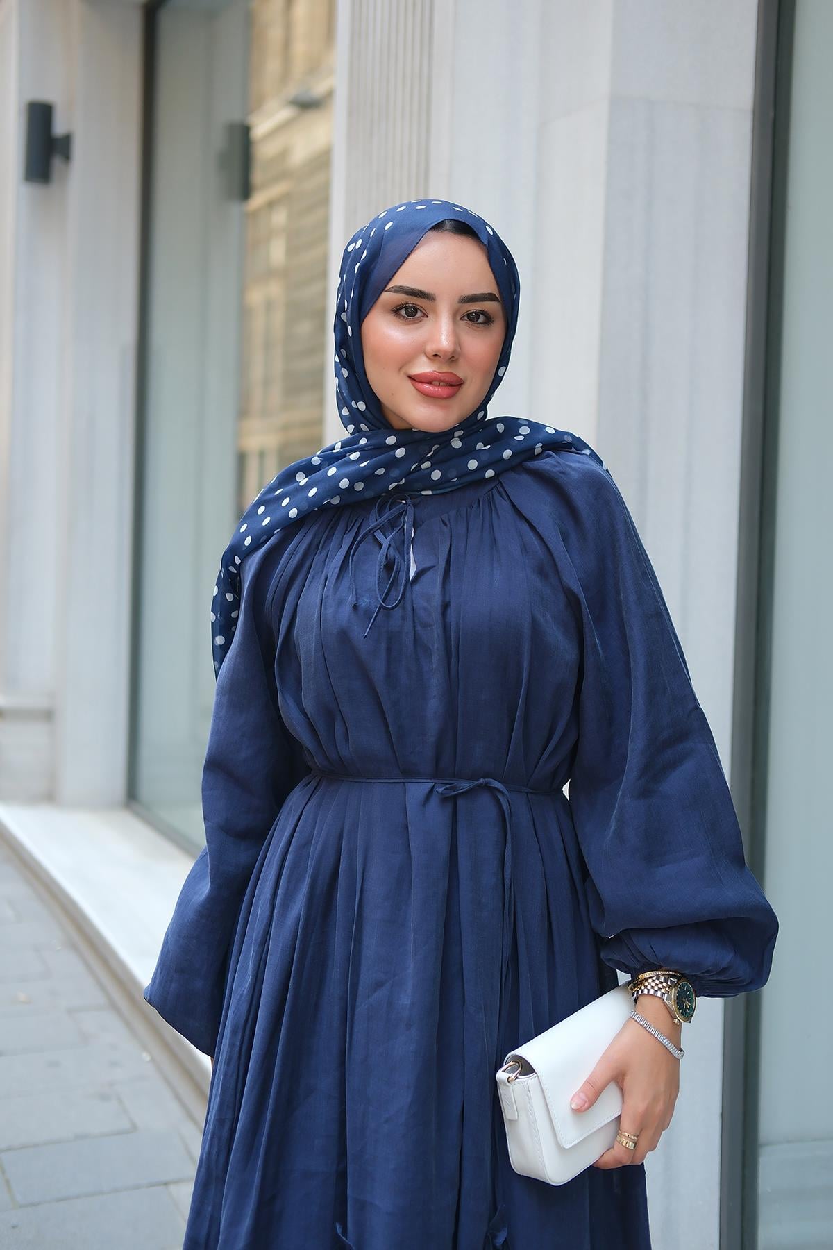 Yaka Bağcıklı Etek Kısmı Fırfır Detay Elbise Lacivert