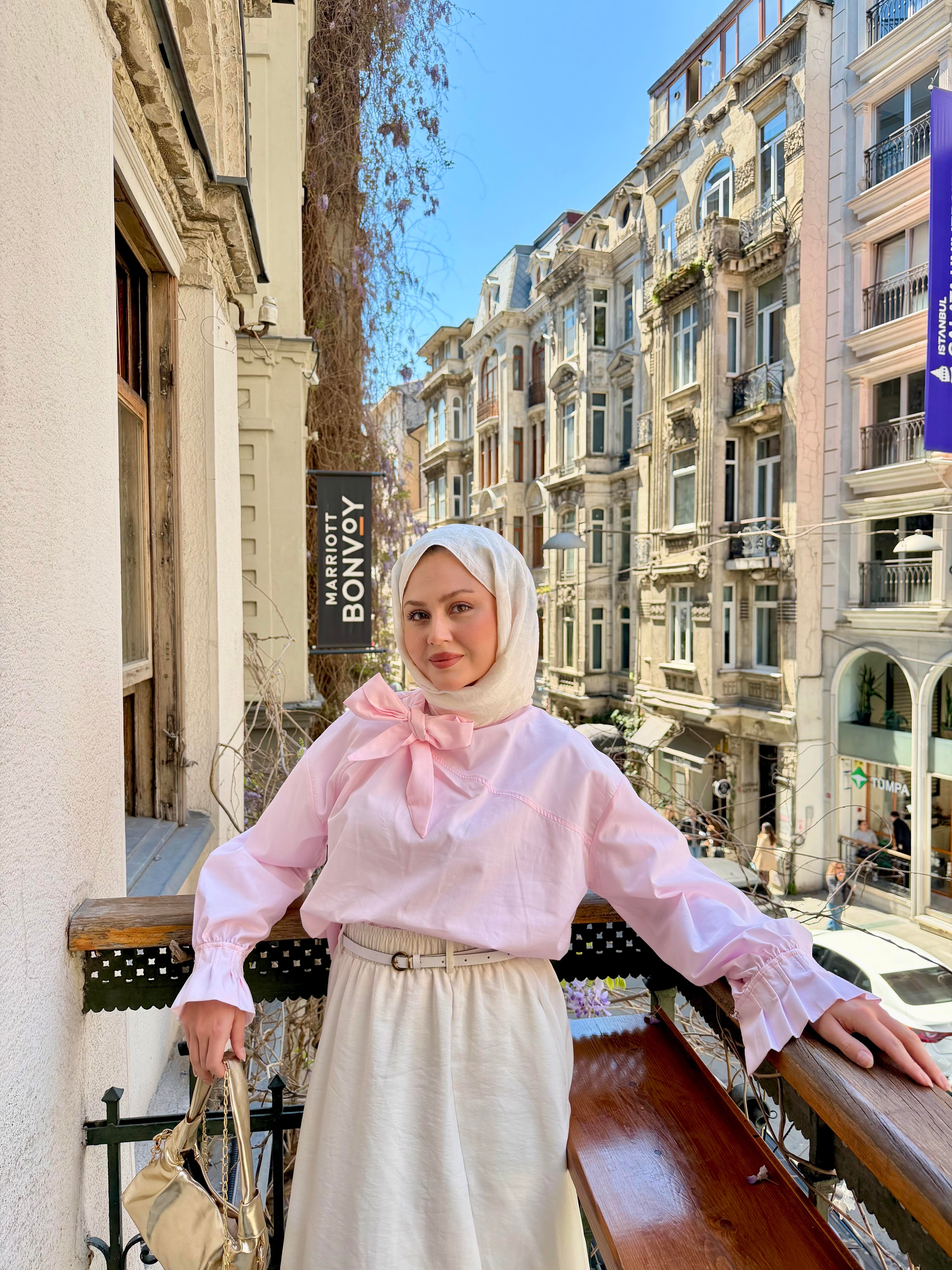 Yaka Bağlamalı Çima Detay Bel Bağlamalı Bluz Pembe