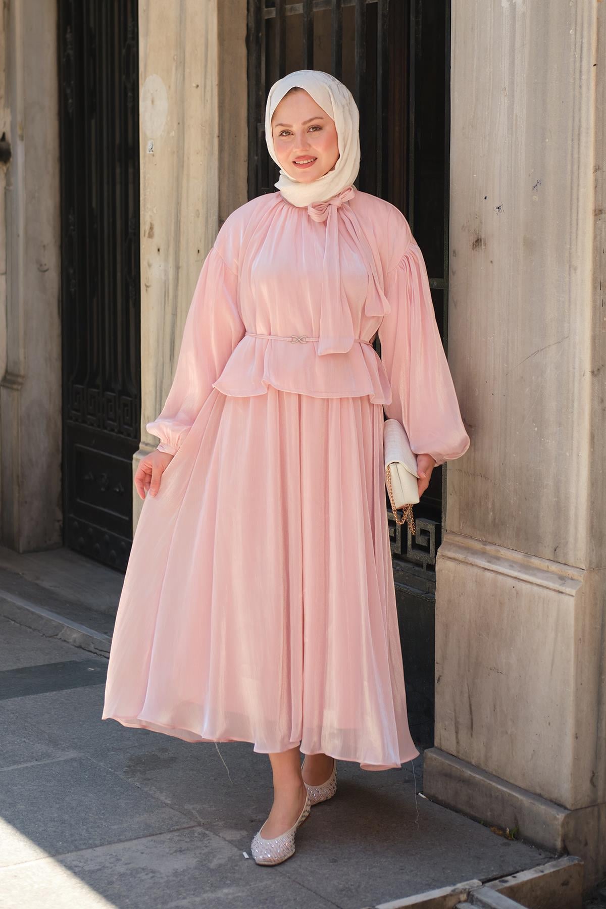 Yaka Bağlamalı Kemer Detay Takım Pembe