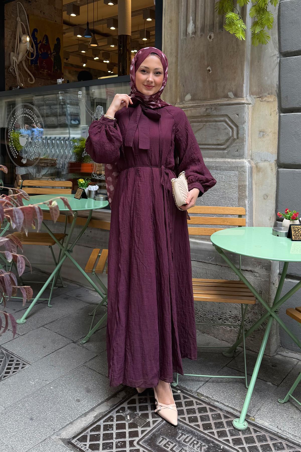 Yaka Bağlamalı Tül Kumaş Detay Bel Bağlamalı Elbise Mürdüm
