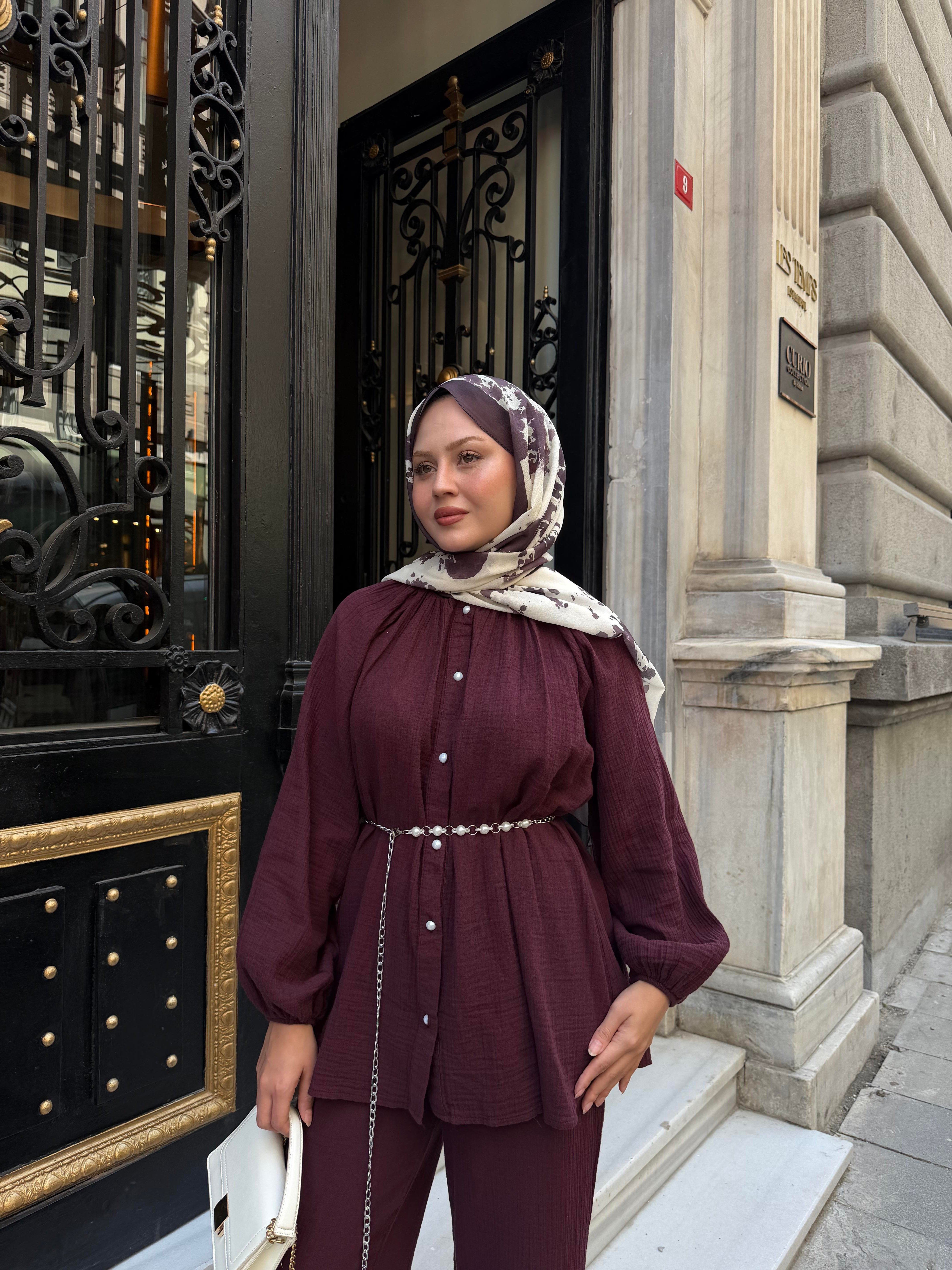 Yaka Büzgü Detay Takım Mürdüm