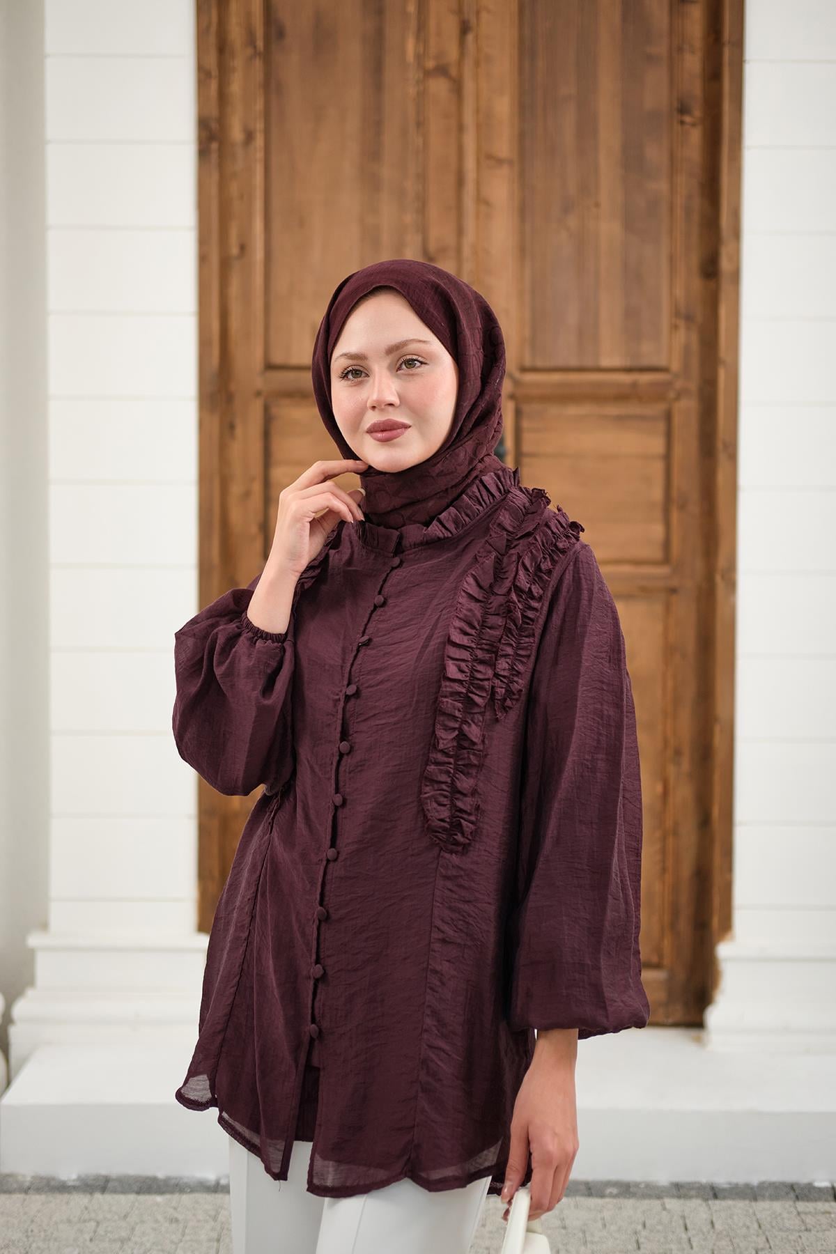 Yaka Büzgülü Gömlek Bordo