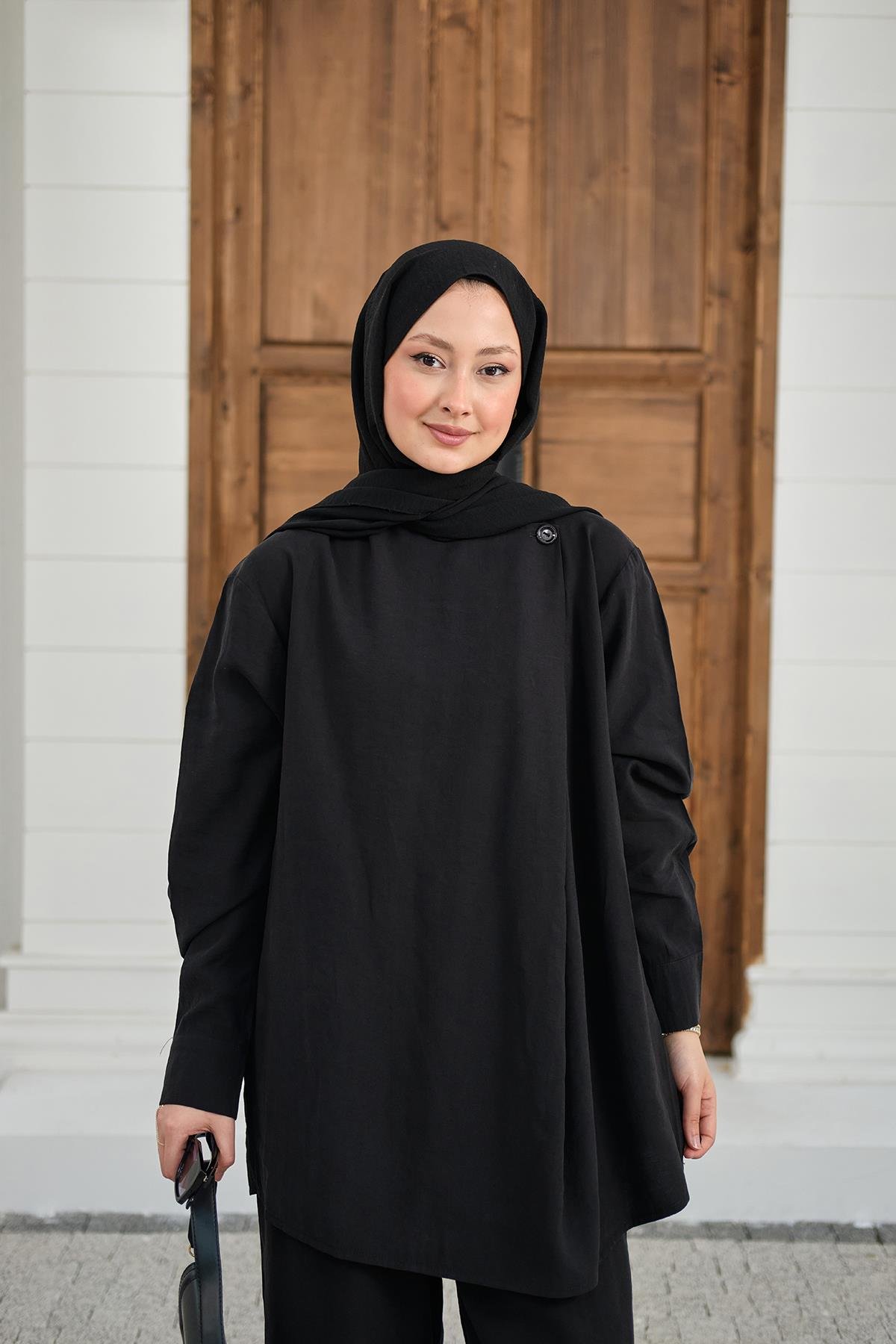 Yaka Düğme Detay Beli Lastikli Ayarlanabilir İkili Takım Siyah