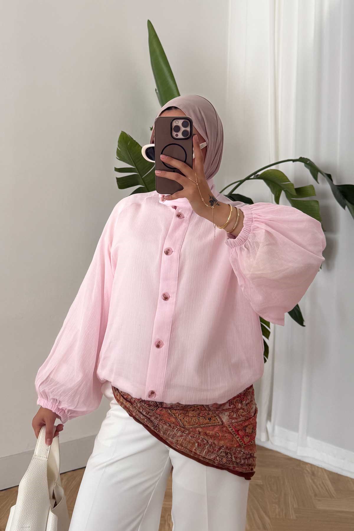 Yaka Düğme Detay Tül Gömlek Pembe
