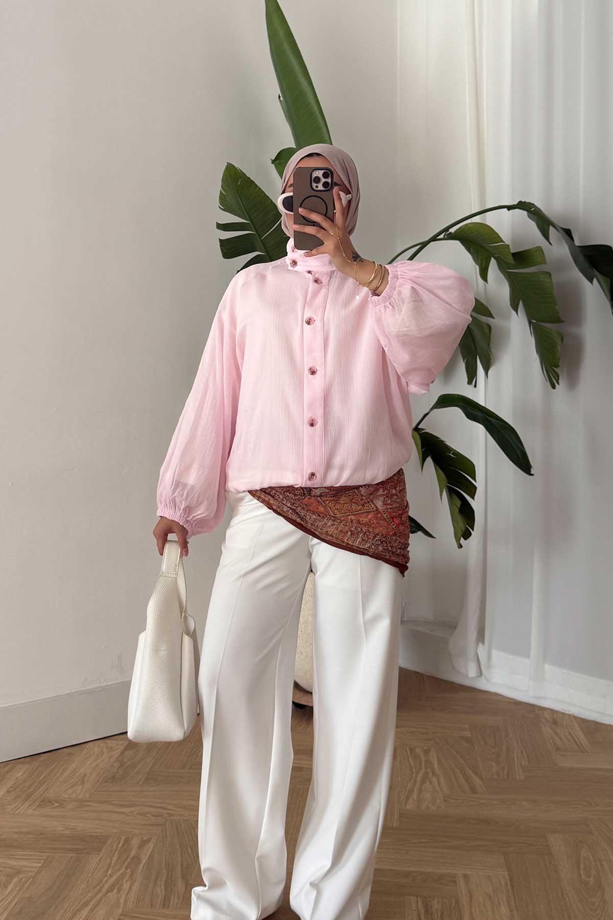 Yaka Düğme Detay Tül Gömlek Pembe