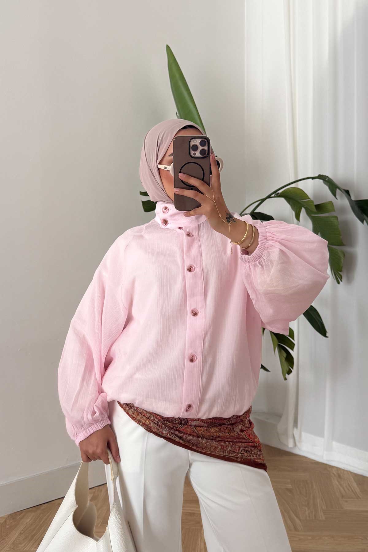 Yaka Düğme Detay Tül Gömlek Pembe