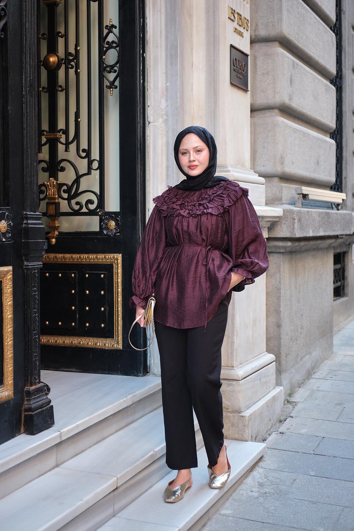 Yaka Fırfır Detaylı Bel Bağlamalı Tunik Mürdüm