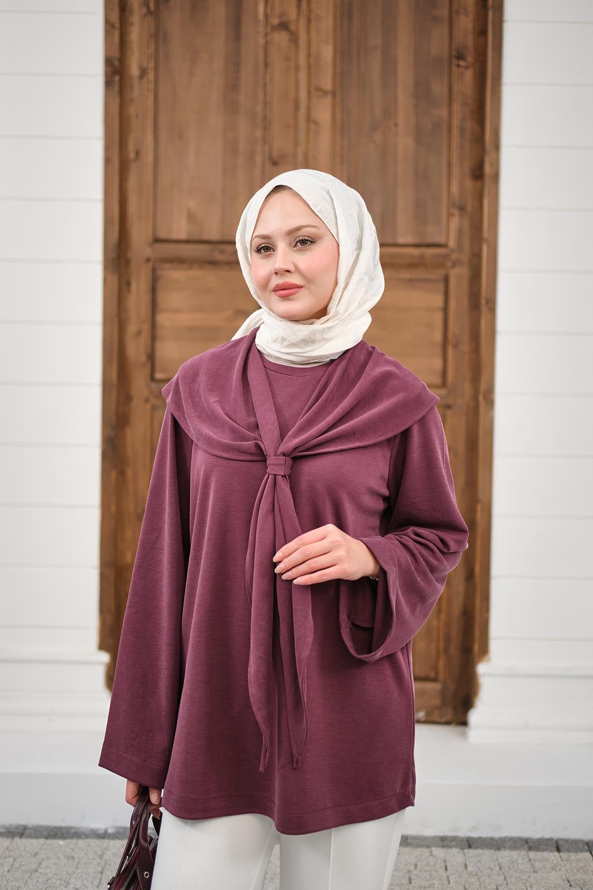 Yaka Pelerin Bağlamalı Bisiklet Yaka Tunik Mürdüm