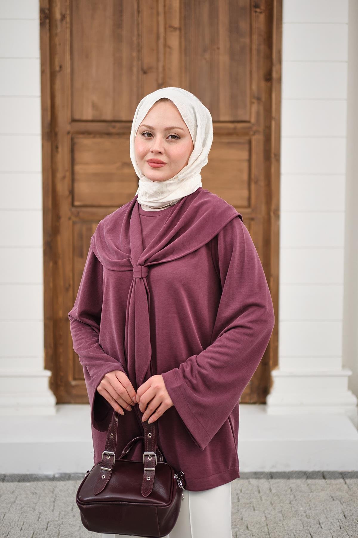 Yaka Pelerin Bağlamalı Bisiklet Yaka Tunik Mürdüm