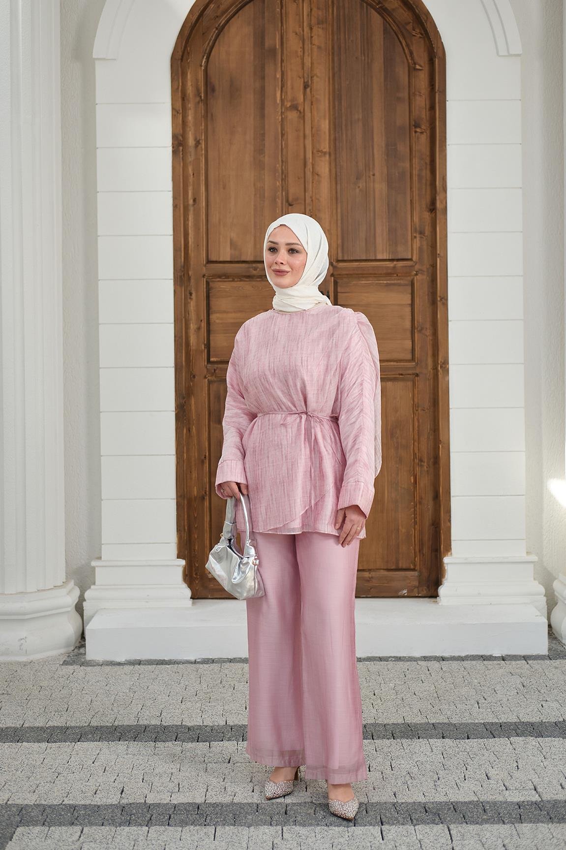 Yaka Şal Detay Bel Bağlamalı Takım Pembe
