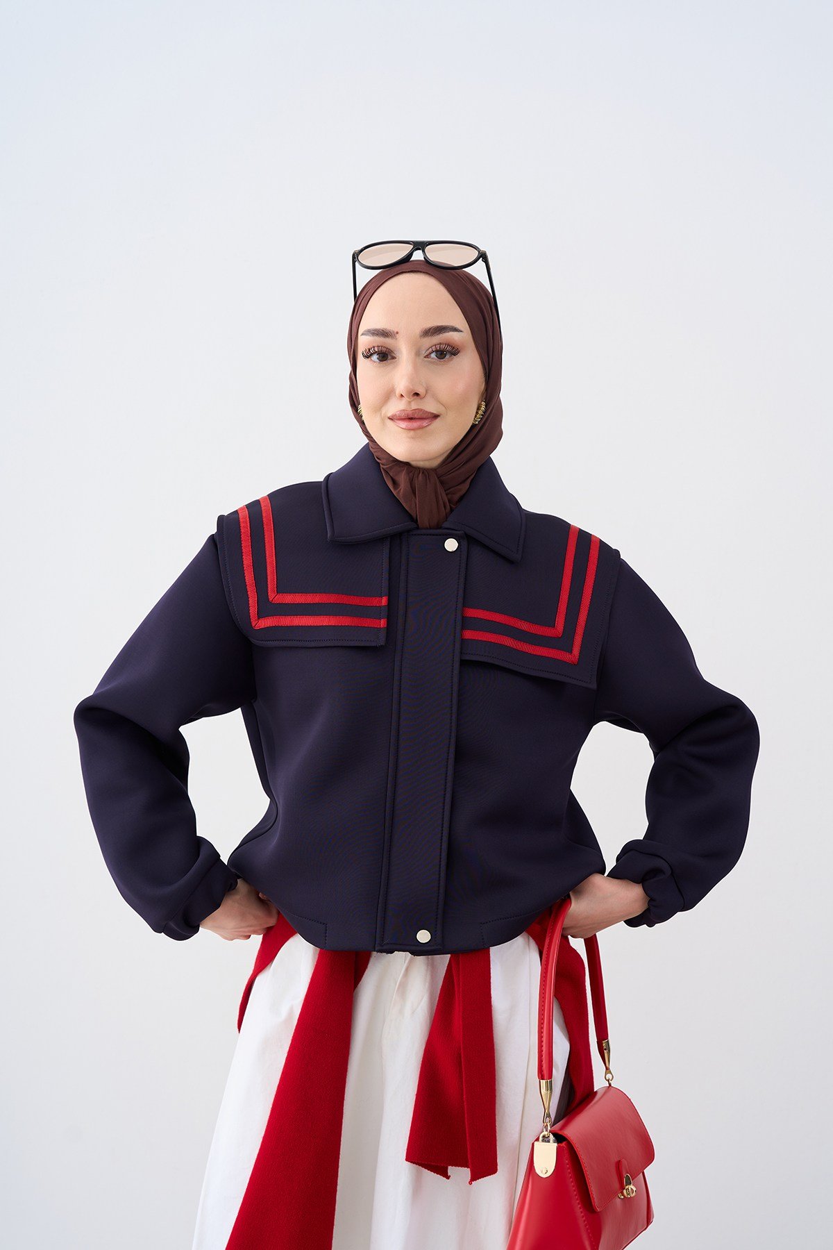Yaka Şerit Detay Gizli Fermuarlı Ceket Lacivert