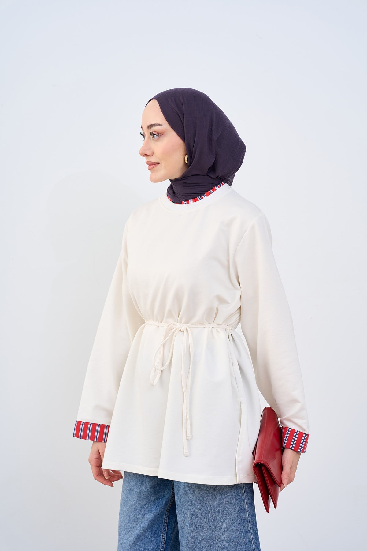 Yaka Ve Kolları Çizgi Garnili Bel Bağlamalı Sweatshirt Ekru