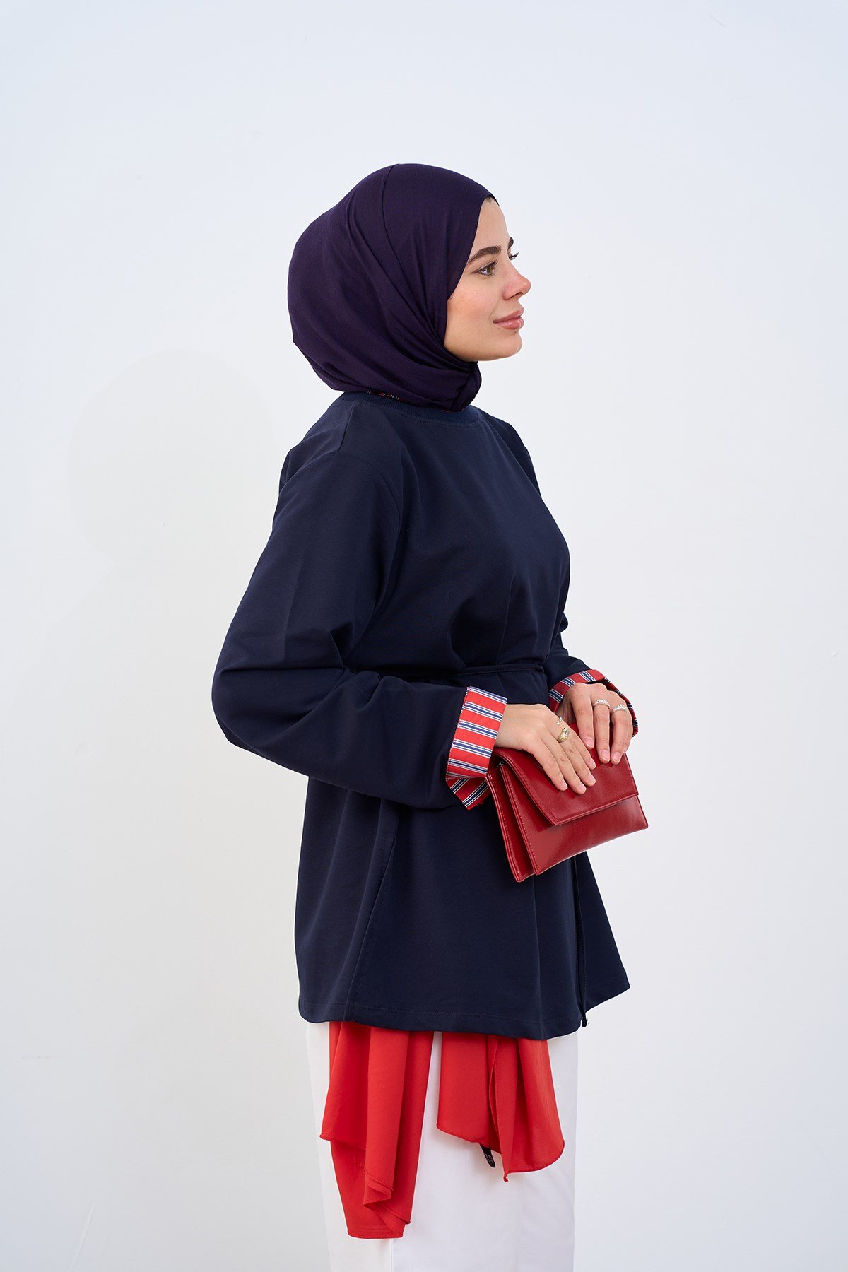 Yaka Ve Kolları Çizgi Garnili Bel Bağlamalı Sweatshirt Lacivert