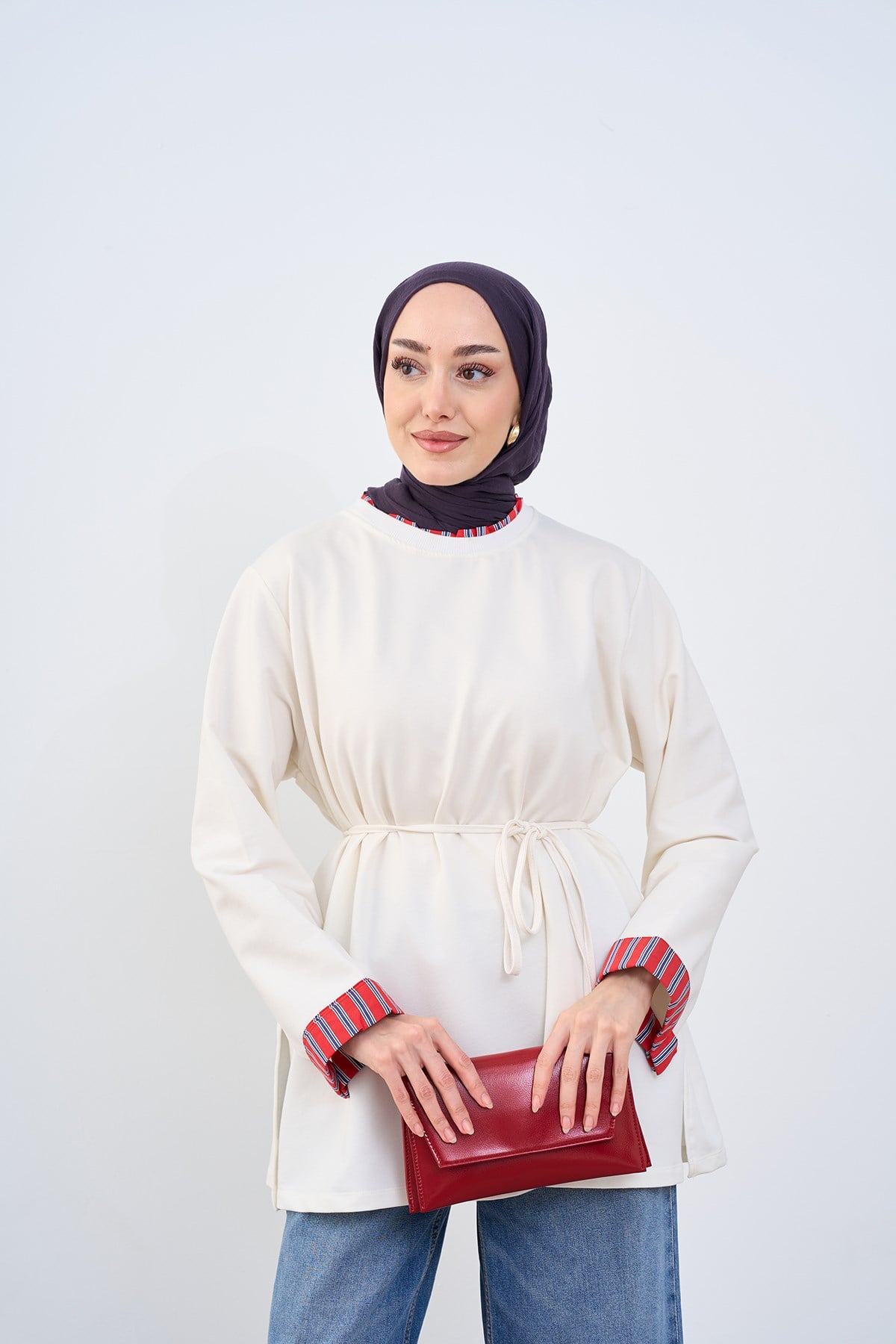 Yaka Ve Kolları Çizgi Garnili Bel Bağlamalı Sweatshirt Ekru