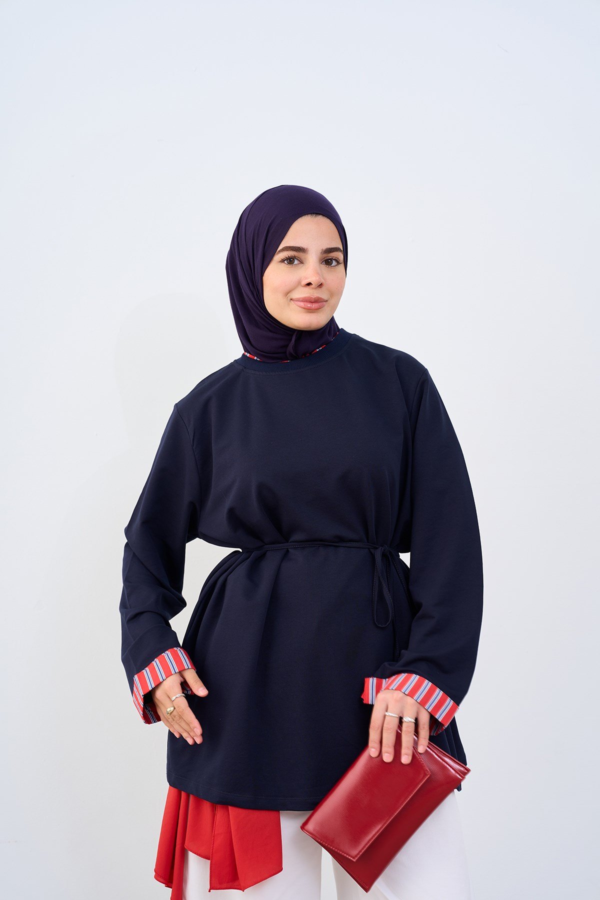 Yaka Ve Kolları Çizgi Garnili Bel Bağlamalı Sweatshirt Lacivert