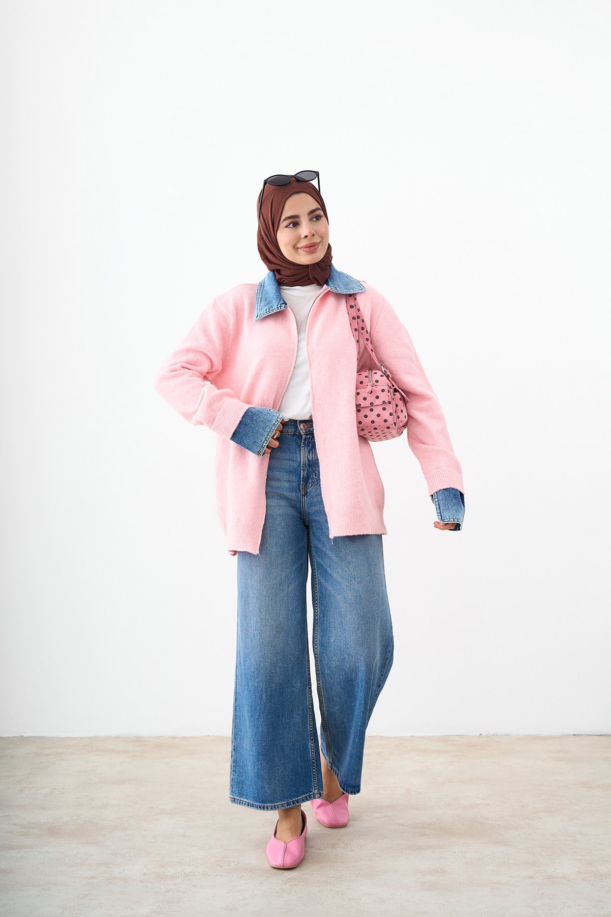 Yaka Ve Manşet Kot Detay Fermuarlı Triko Hırka Pembe