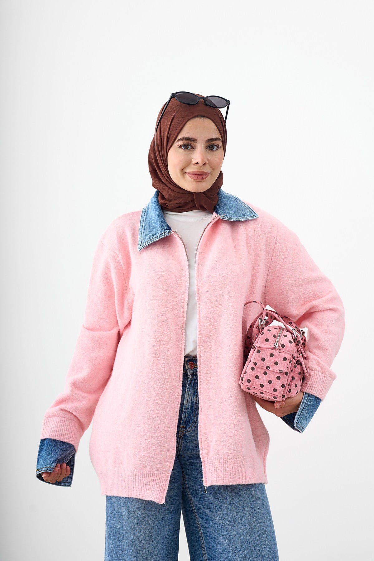 Yaka Ve Manşet Kot Detay Fermuarlı Triko Hırka Pembe