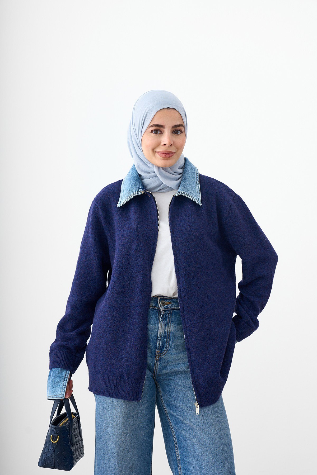 Yaka Ve Manşet Kot Detay Fermuarlı Triko Hırka Lacivert