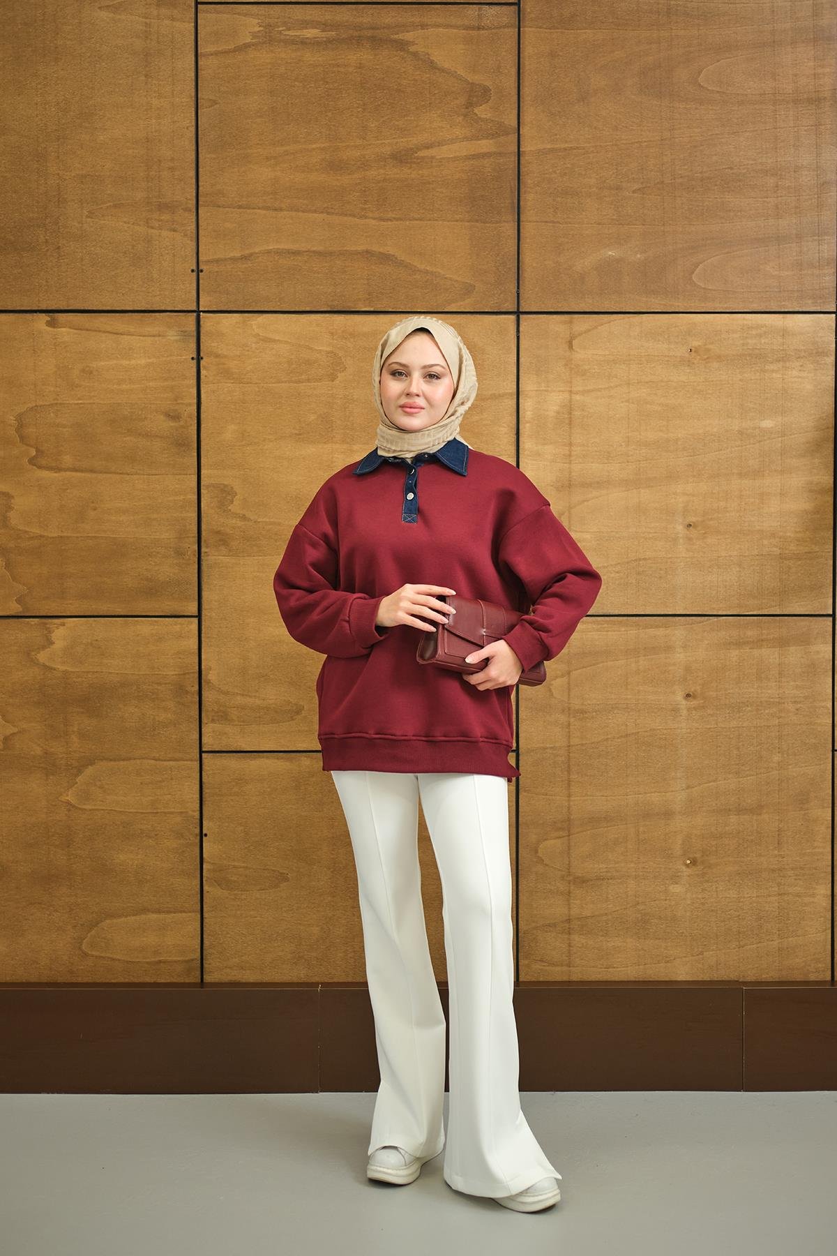 Yakası Kot Detay Sweat Bordo