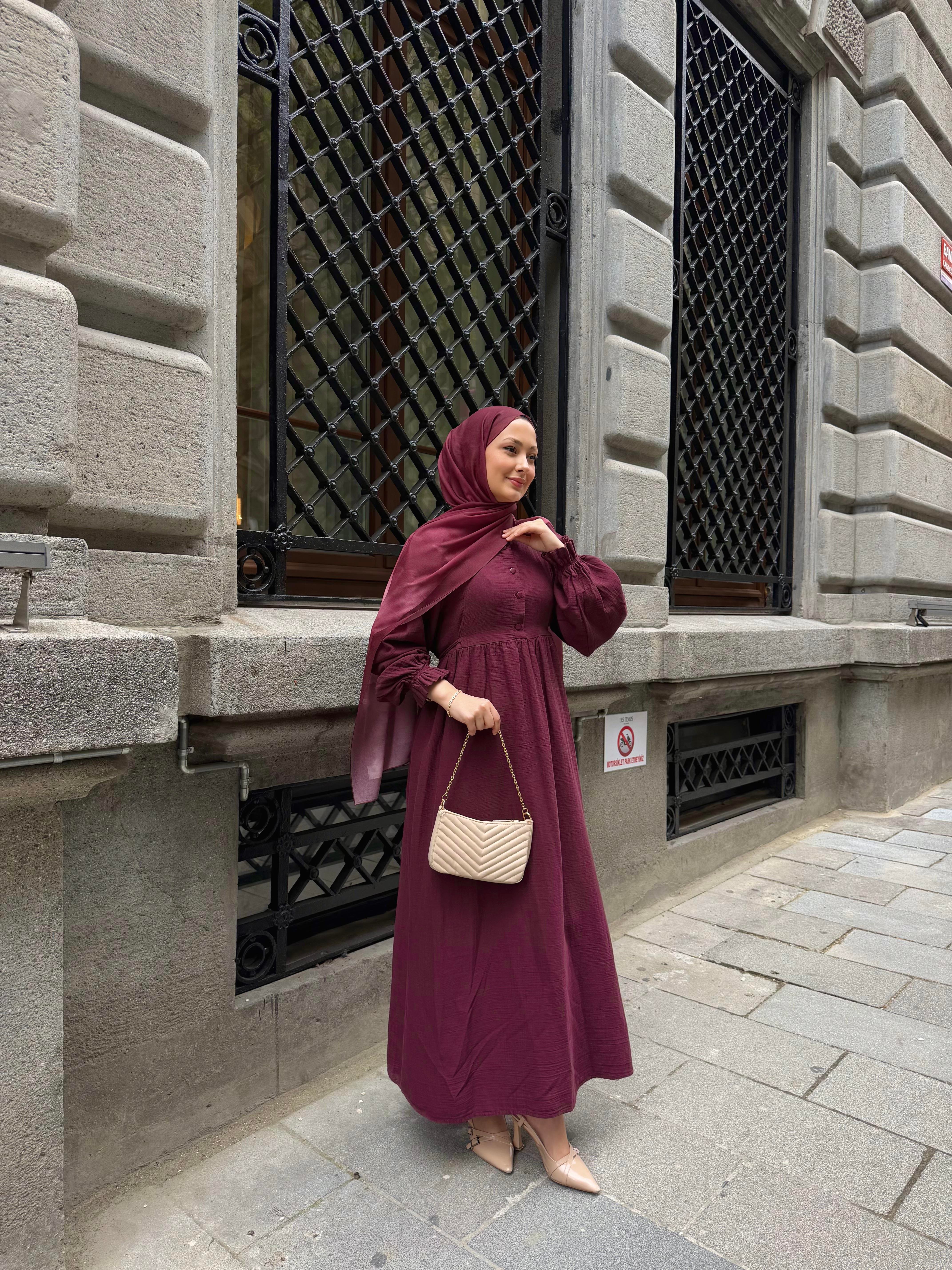 Yan Bağlama Detaylı Sıfır Yaka Elbise Mürdüm