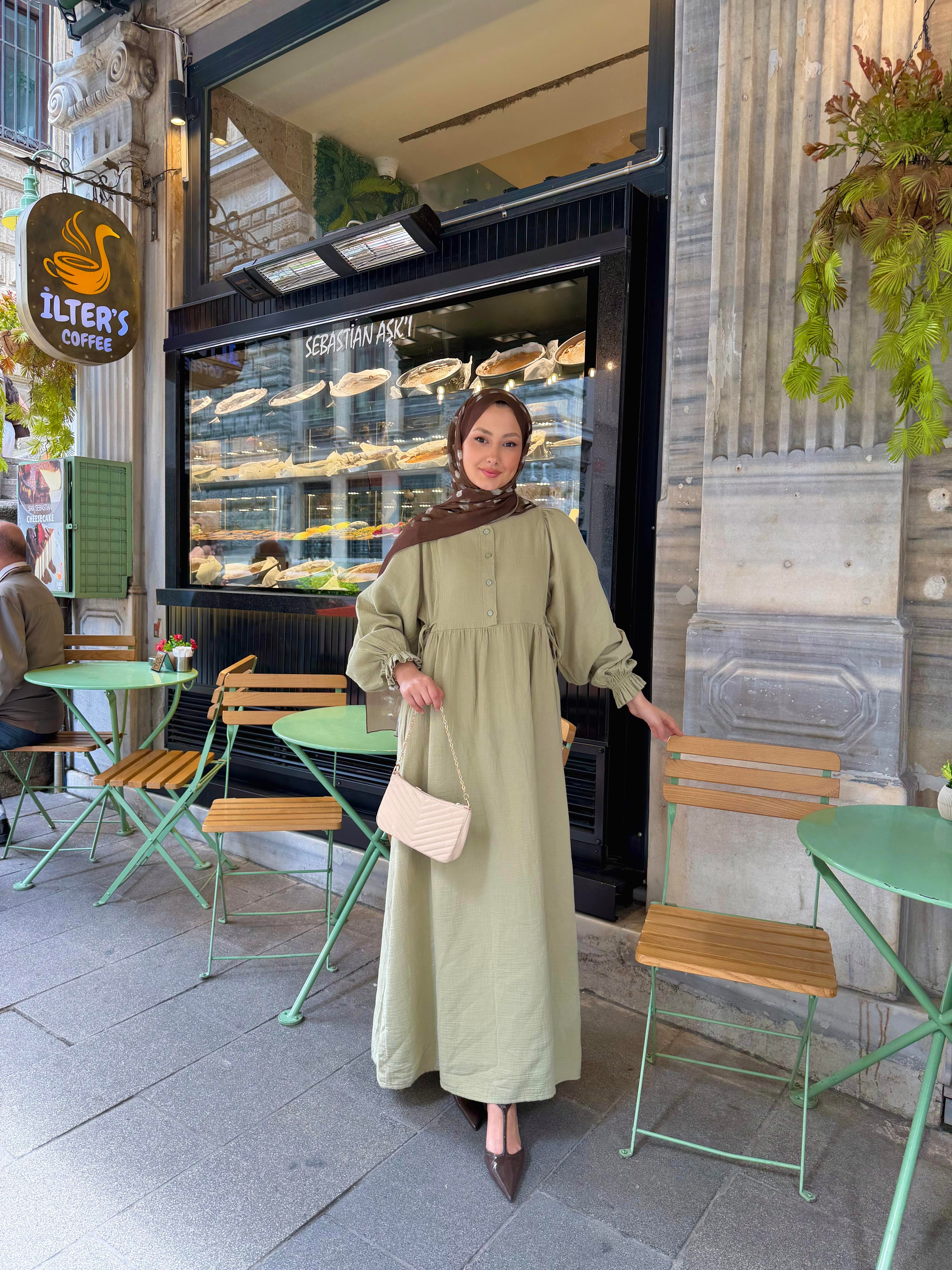 Yan Bağlama Detaylı Sıfır Yaka Elbise Açık Yeşil