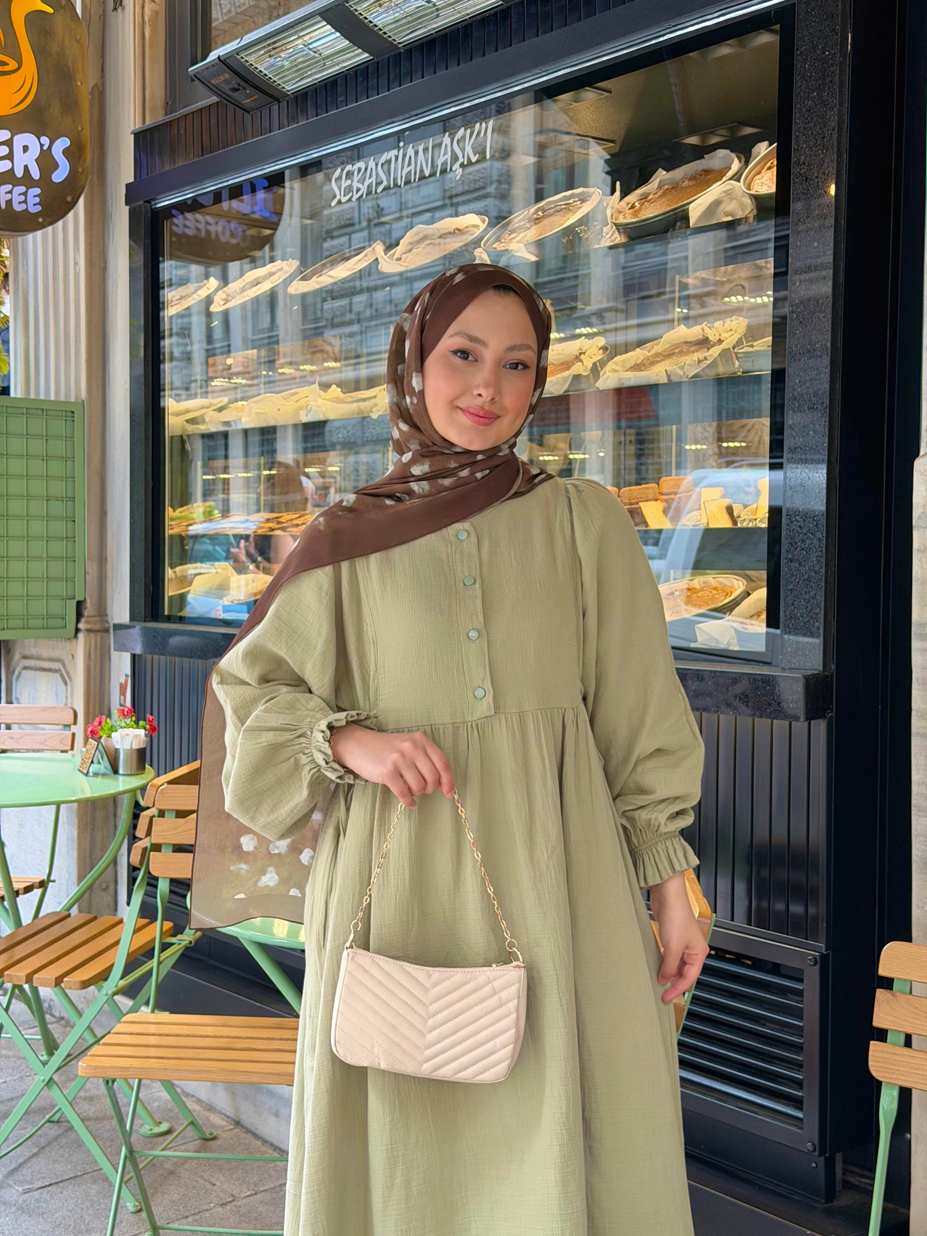 Yan Bağlama Detaylı Sıfır Yaka Elbise Açık Yeşil