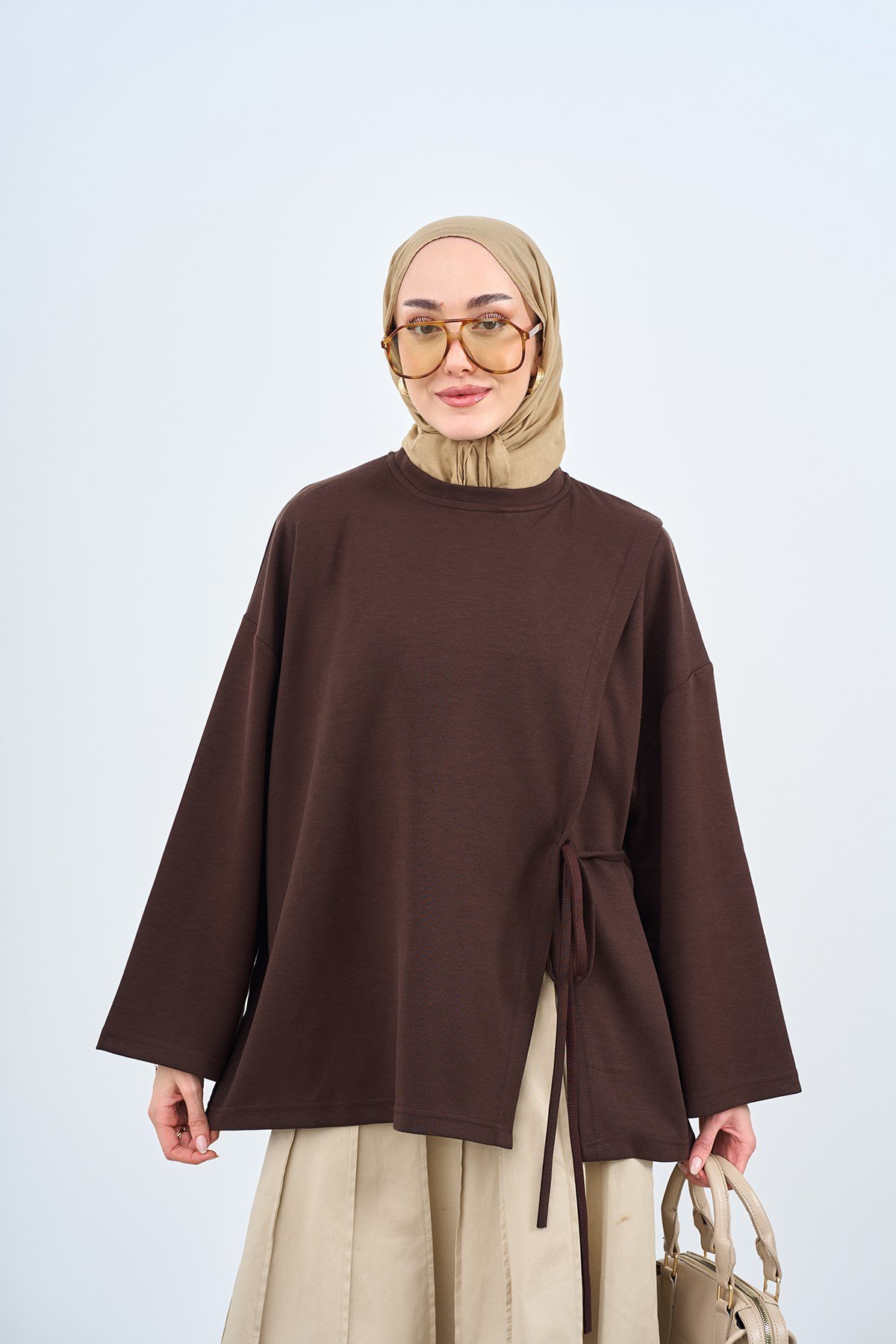 Yan Biye Bağlamalı Tunik Kahverengi