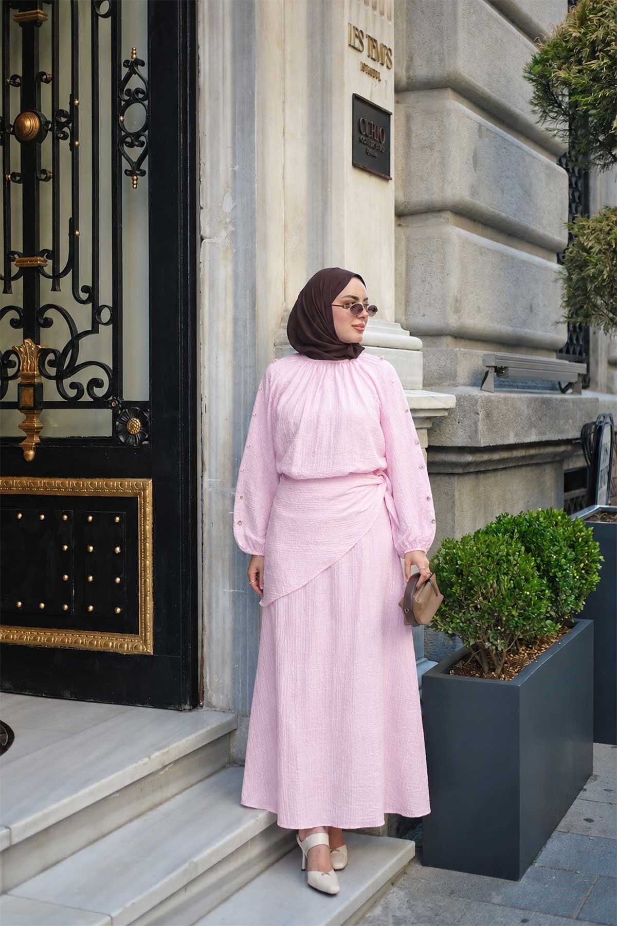 Yan Düğme Detaylı İkili Takım Pembe