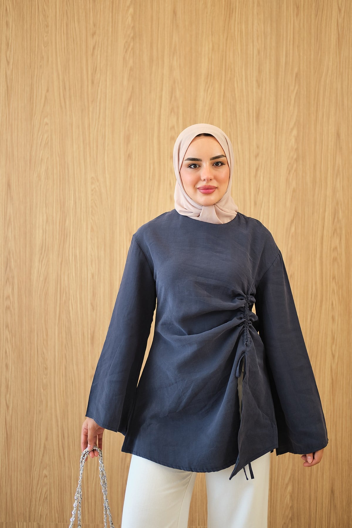 Yandan Bağcık Detay Dikiş İzli Tunik Lacivert