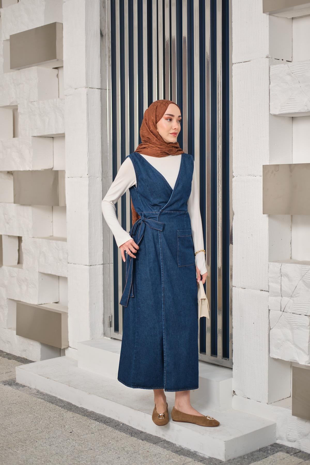 Yandan Bağlamalı V Detaylı Kot Jile Lacivert