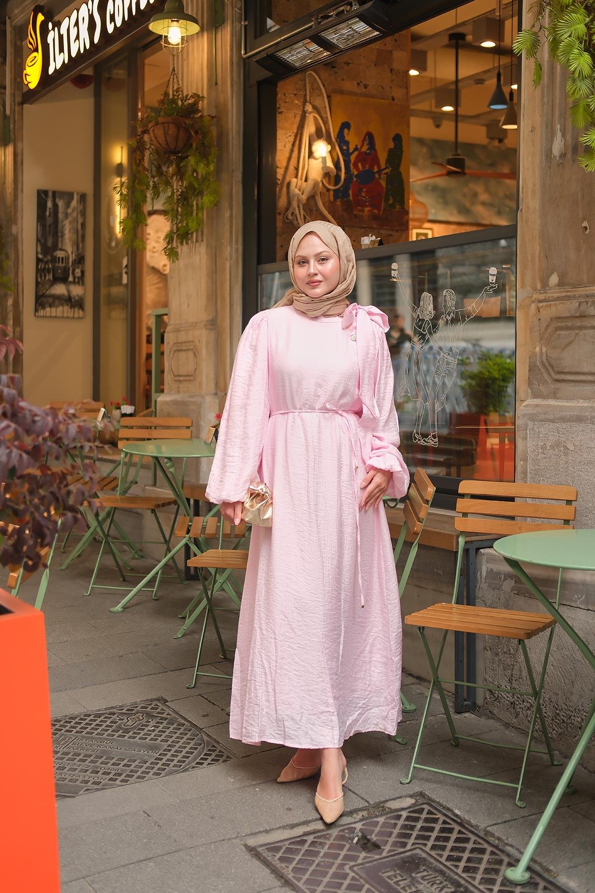 Yandan Dört Düğme Detay Bel Bağlamalı Elbise Pembe