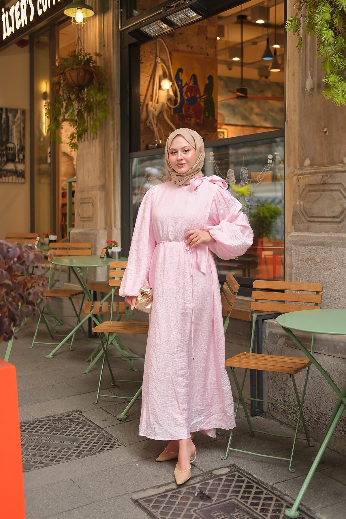 Yandan Dört Düğme Detay Bel Bağlamalı Elbise Pembe