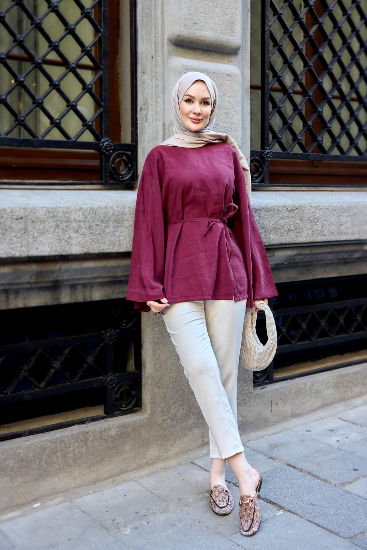 Yandan Kesik Detay Bel Bağlamalı Modal Tunik Bordo