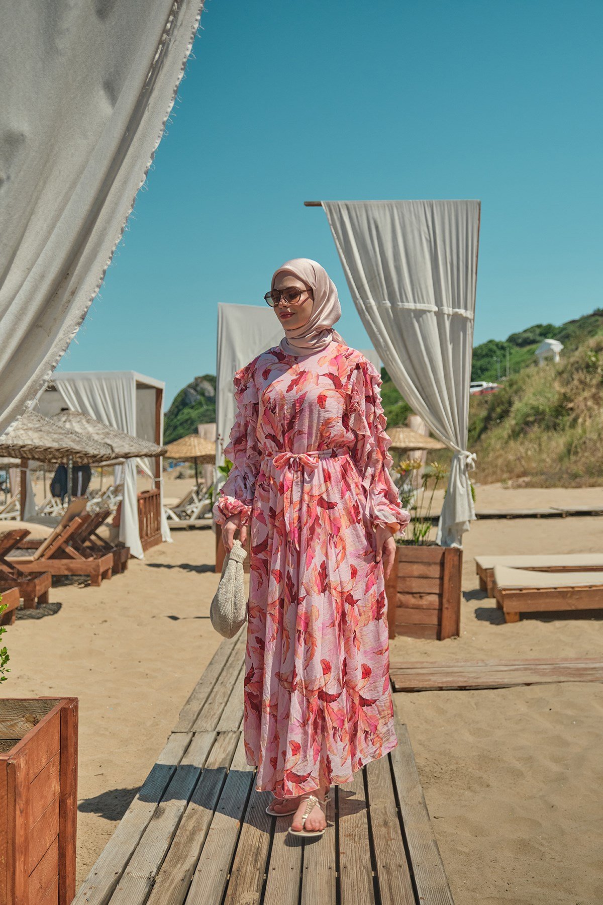 Yaprak Desen İçi Astarlı Bel Bağlamalı Tül Elbise Pembe