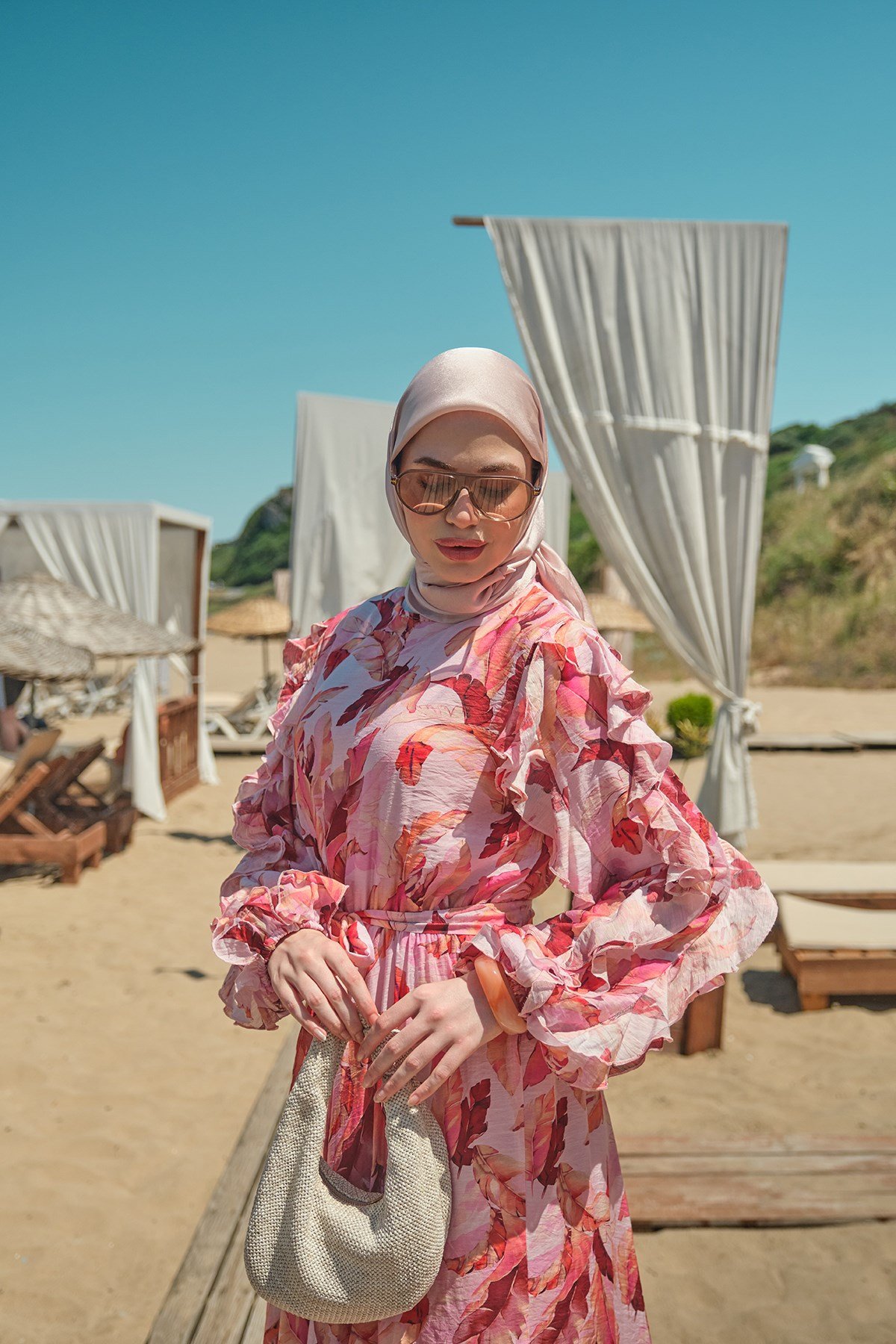 Yaprak Desen İçi Astarlı Bel Bağlamalı Tül Elbise Pembe