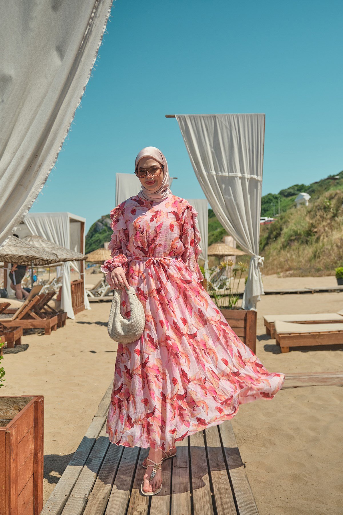 Yaprak Desen İçi Astarlı Bel Bağlamalı Tül Elbise Pembe
